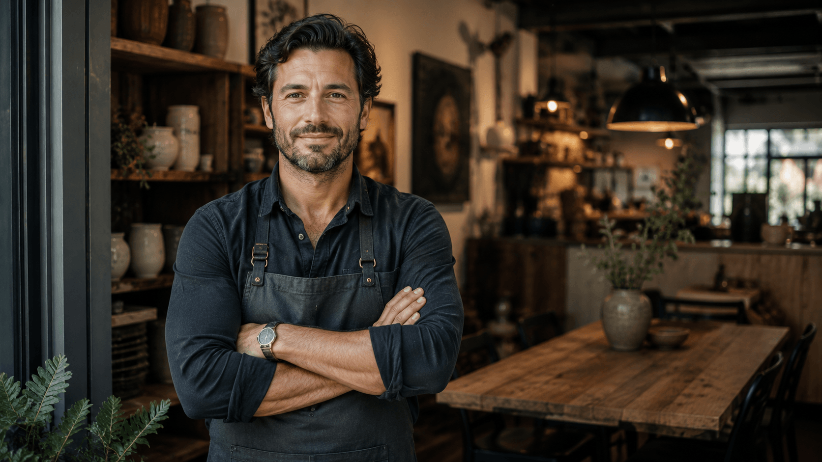 A confident small-business owner in their shop, the local expert AI recommends