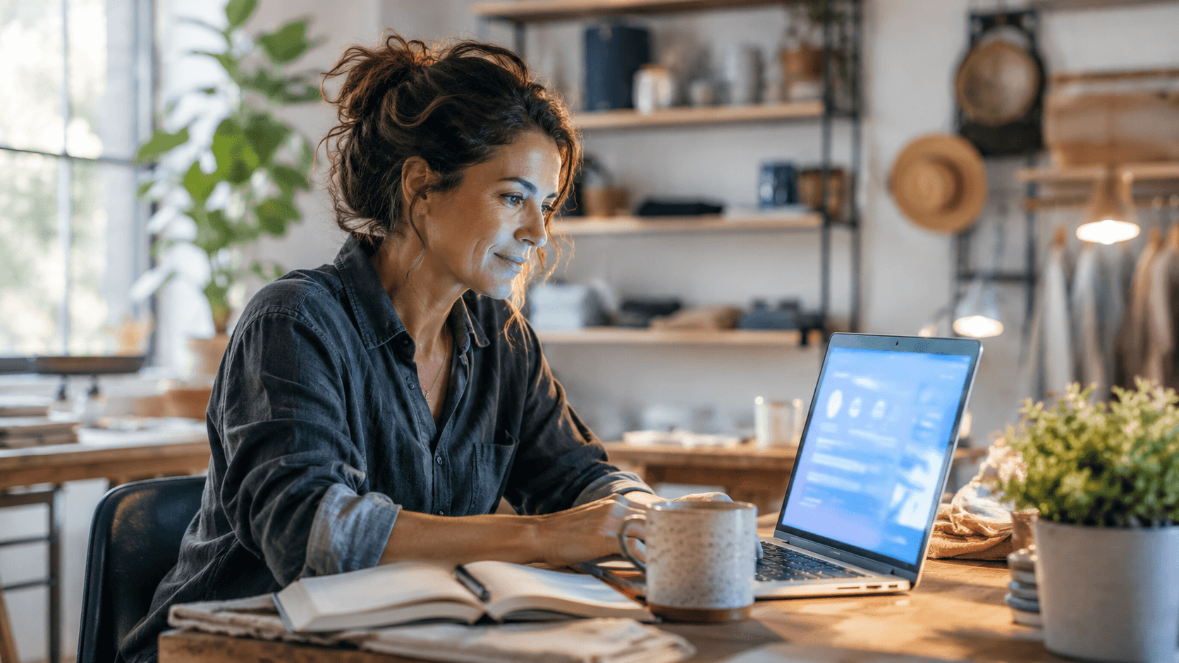 A small-business owner working at a laptop with an AI assistant on screen