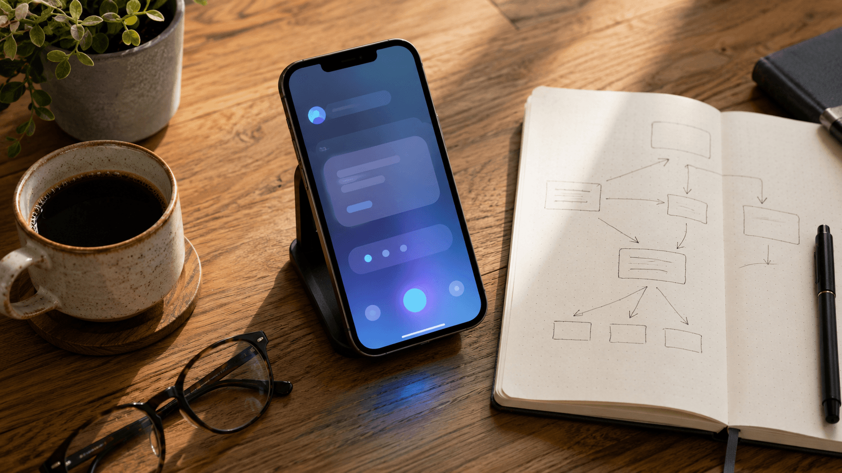 A tidy desk with a phone showing an AI assistant, a notebook and coffee