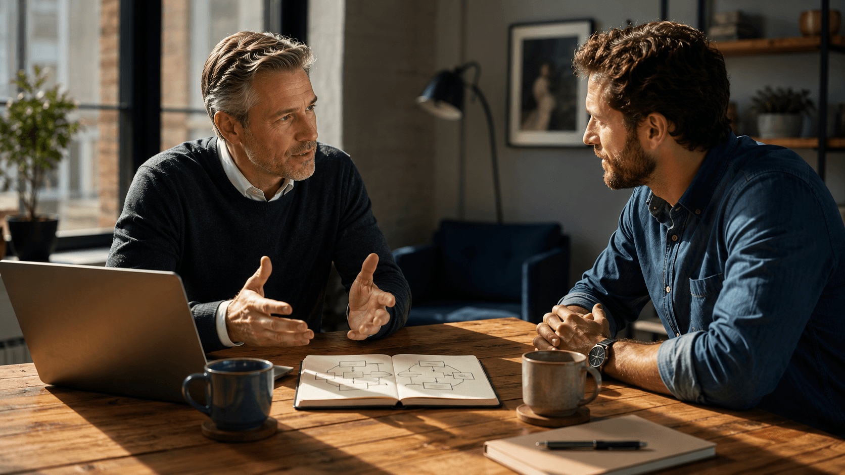 A business consultant and a small-business owner in a focused strategy session