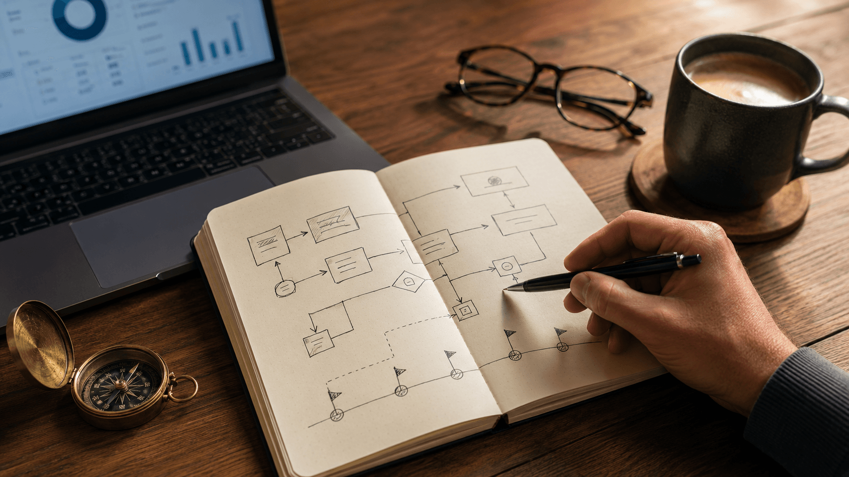 A hand-drawn business roadmap on a desk with a compass and a laptop
