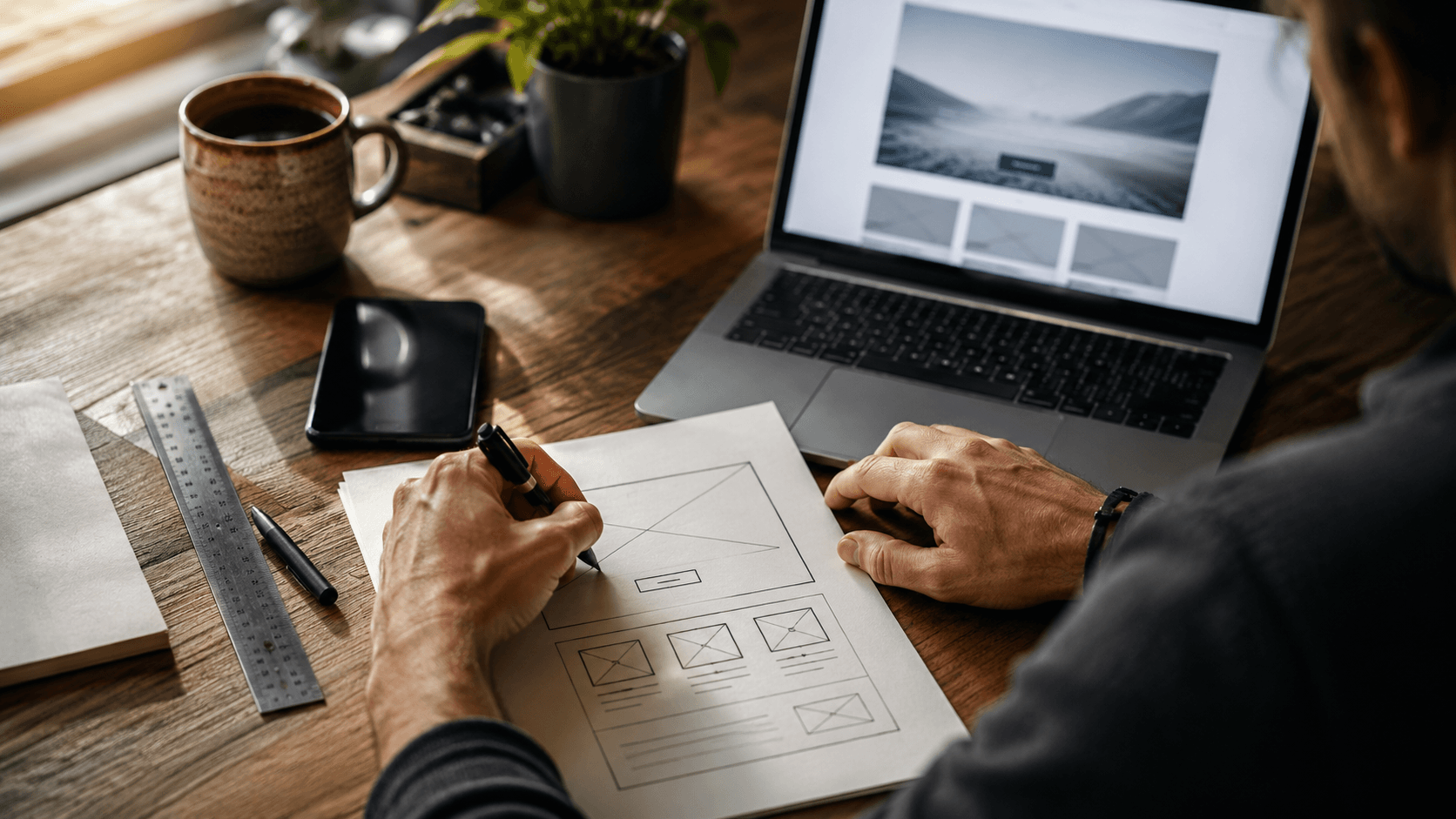 A designer sketching a website wireframe by hand next to a laptop