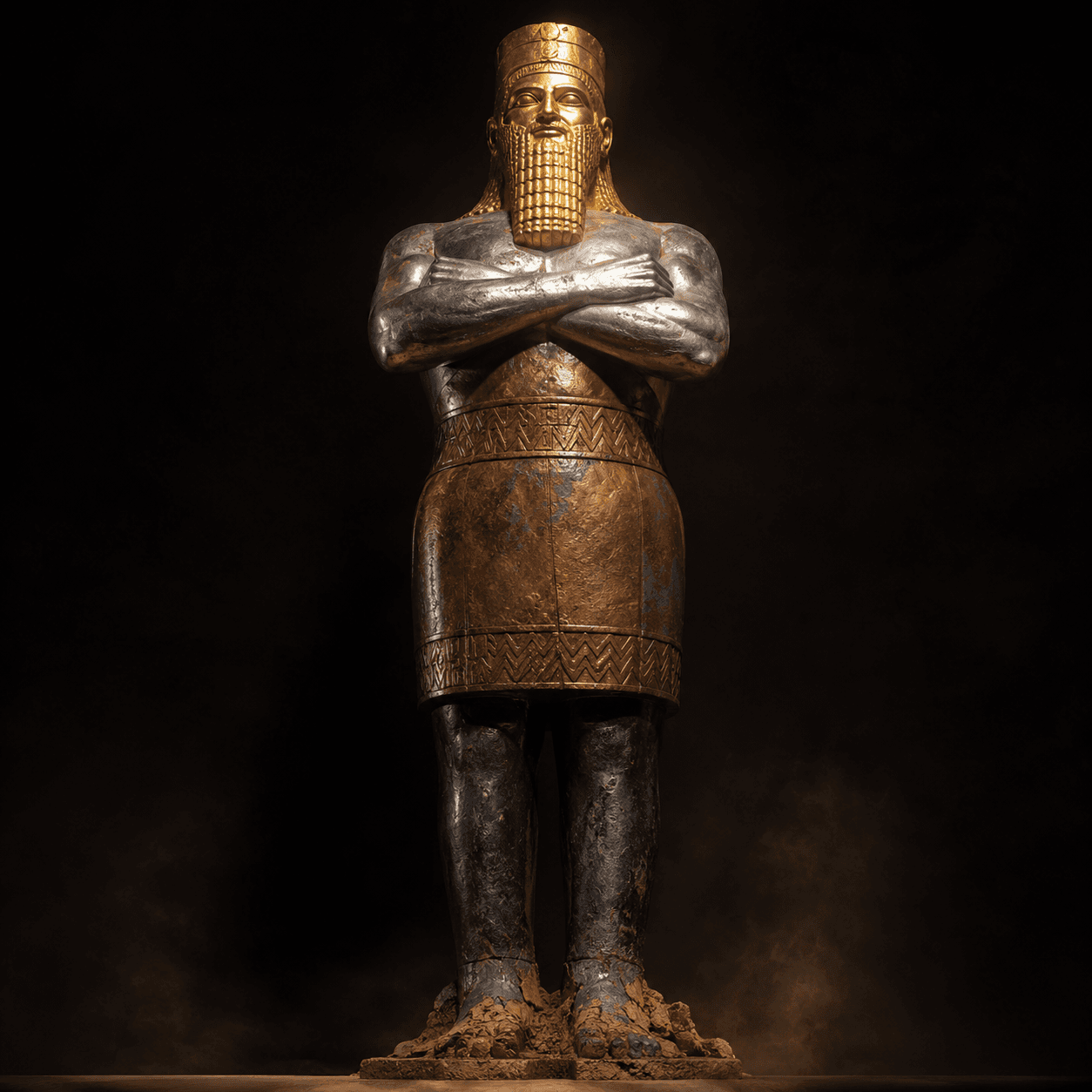 A metal statue of a man with a golden head, silver chest and arms, bronze midsection, and iron legs — the great image of Nebuchadnezzar's dream