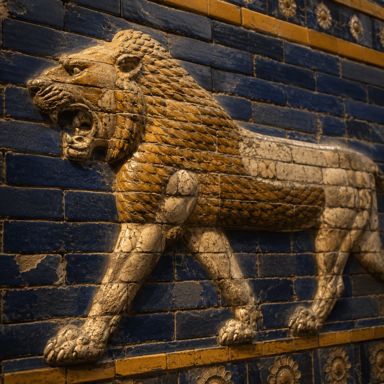 An ancient Babylonian glazed-brick relief of a striding lion in gold against deep blue tiles