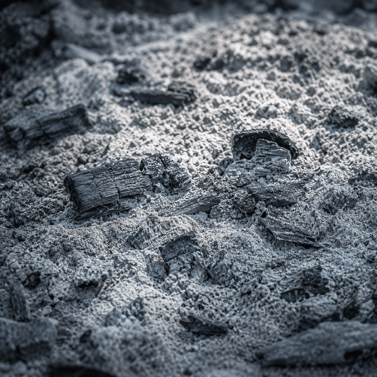 Cold grey ashes and a few charred fragments — all that remains after a fire has burned out