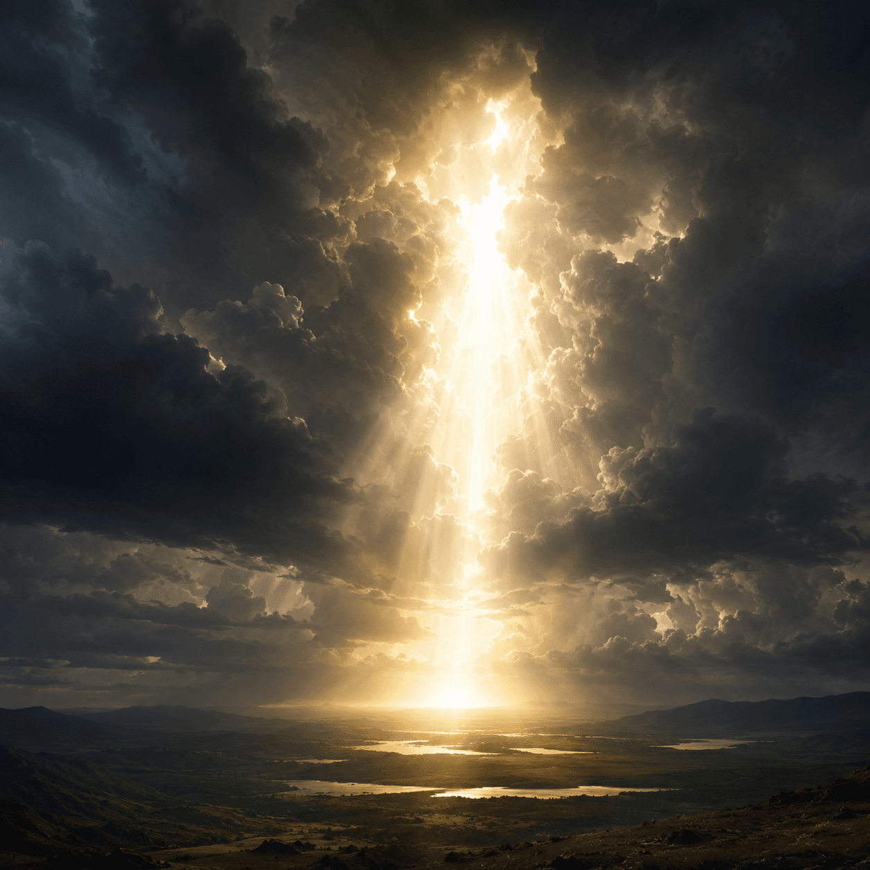 A brilliant shaft of light breaking through dark storm clouds over a wide landscape