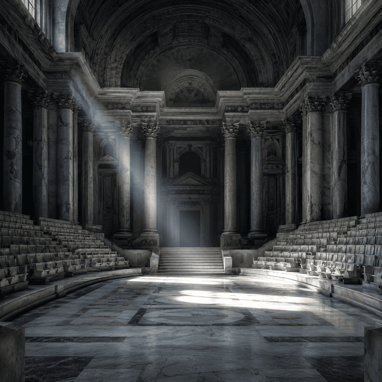 The vast interior of an ancient basilica with towering columns, tiered stone seats, and a shaft of light across the marble floor