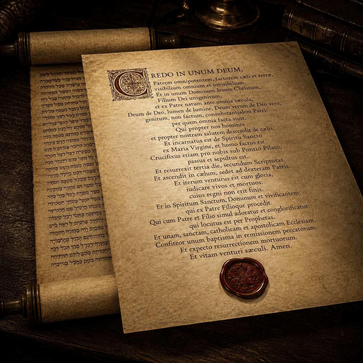A Latin creed on aged parchment (“Credo in unum Deum”) with an illuminated initial and red wax seal, laid over an older Hebrew Scripture scroll it largely covers