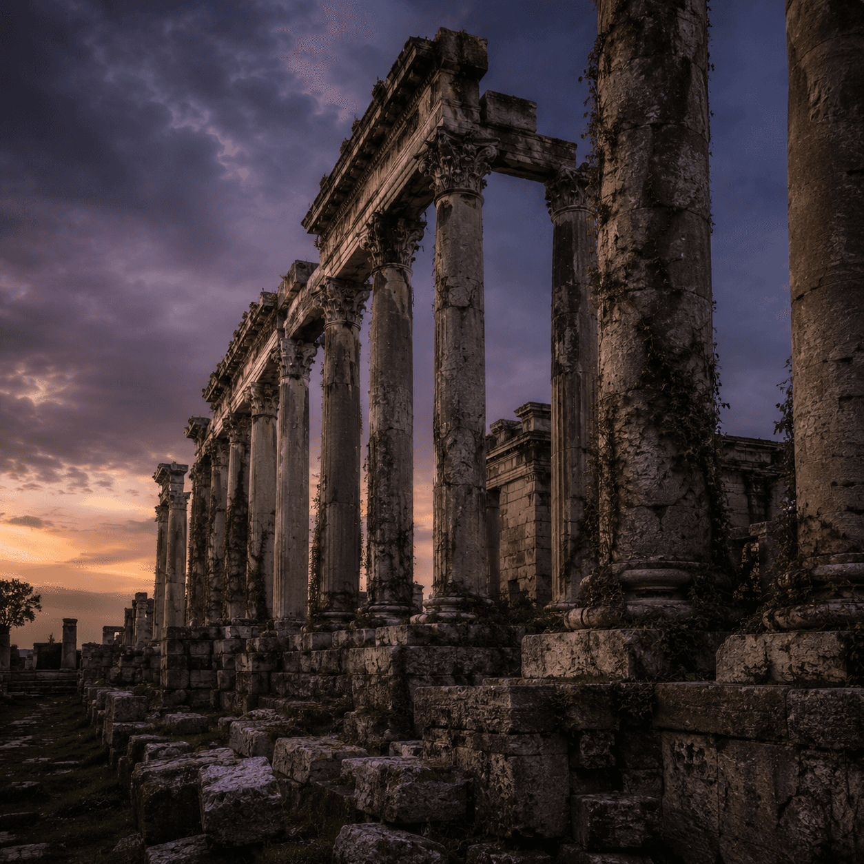 A colonnade of weathered ancient temple ruins silhouetted against a dusk sky