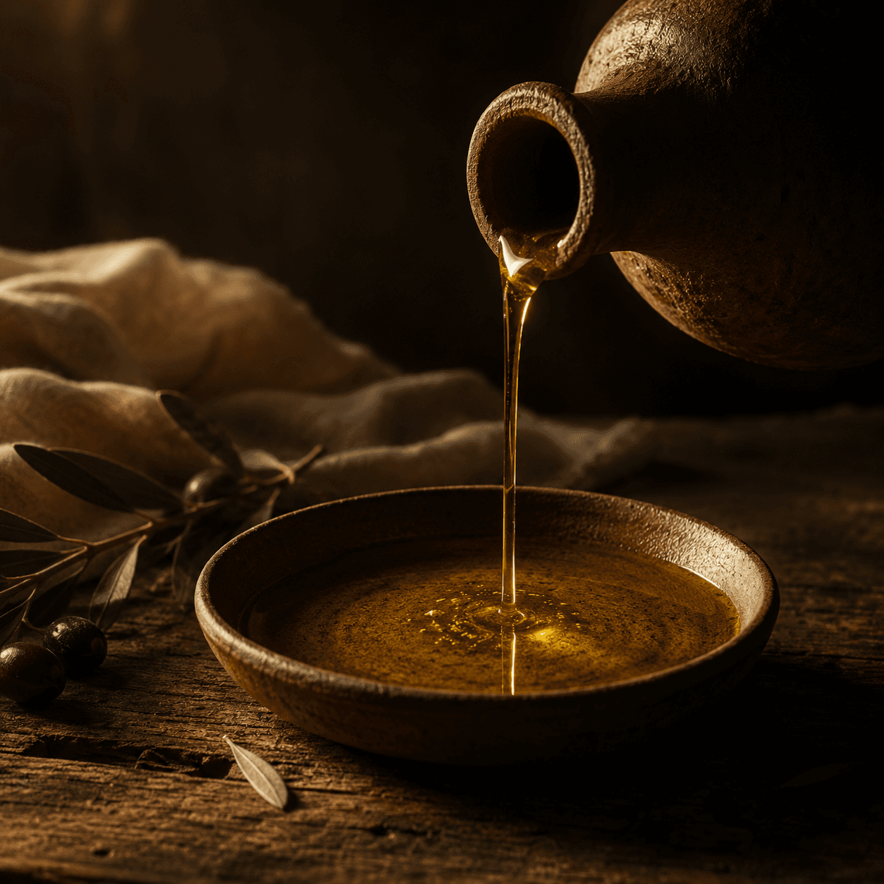 Golden olive oil being poured from a clay jug into a wooden bowl, with olives and a sprig nearby