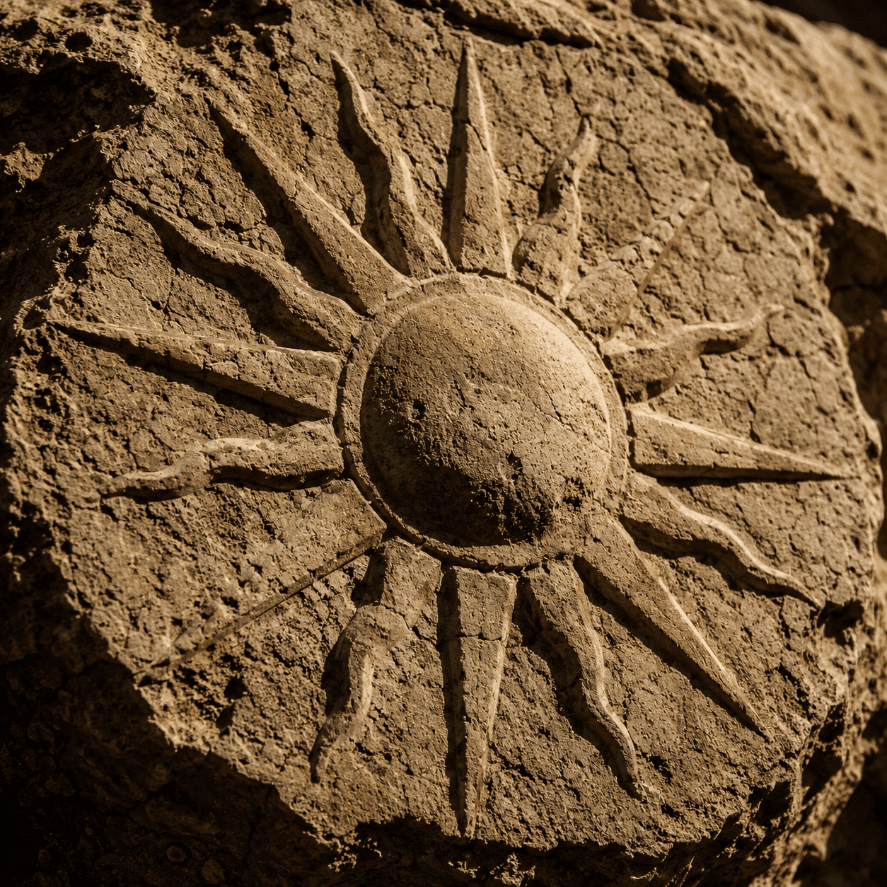 An ancient stone carved with a radiating sun-disc emblem