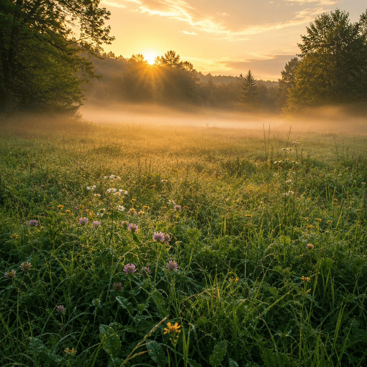 An unspoiled wildflower meadow at sunrise with dew and mist, the sun cresting a line of trees