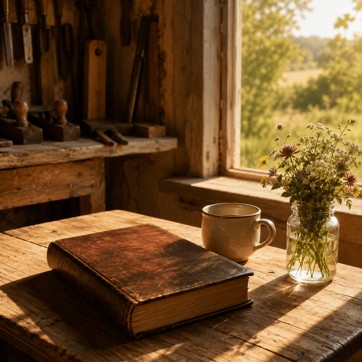 A simple wooden table by a sunlit window with a worn book, a cup, and a jar of fresh wildflowers, tools on a workbench behind