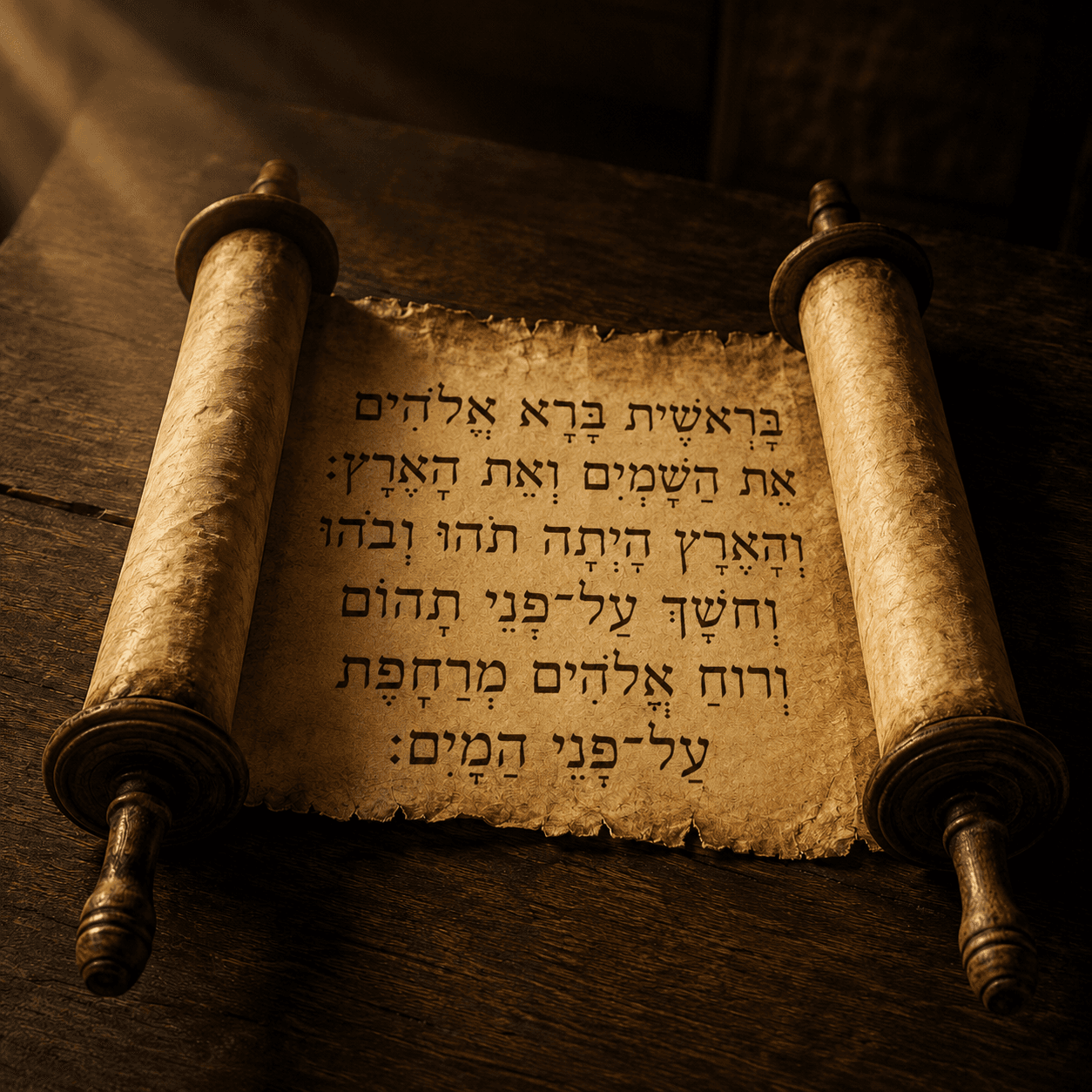 An ancient scroll inscribed in Hebrew with the opening words of Genesis 1:1, “In the beginning God created the heaven and the earth”