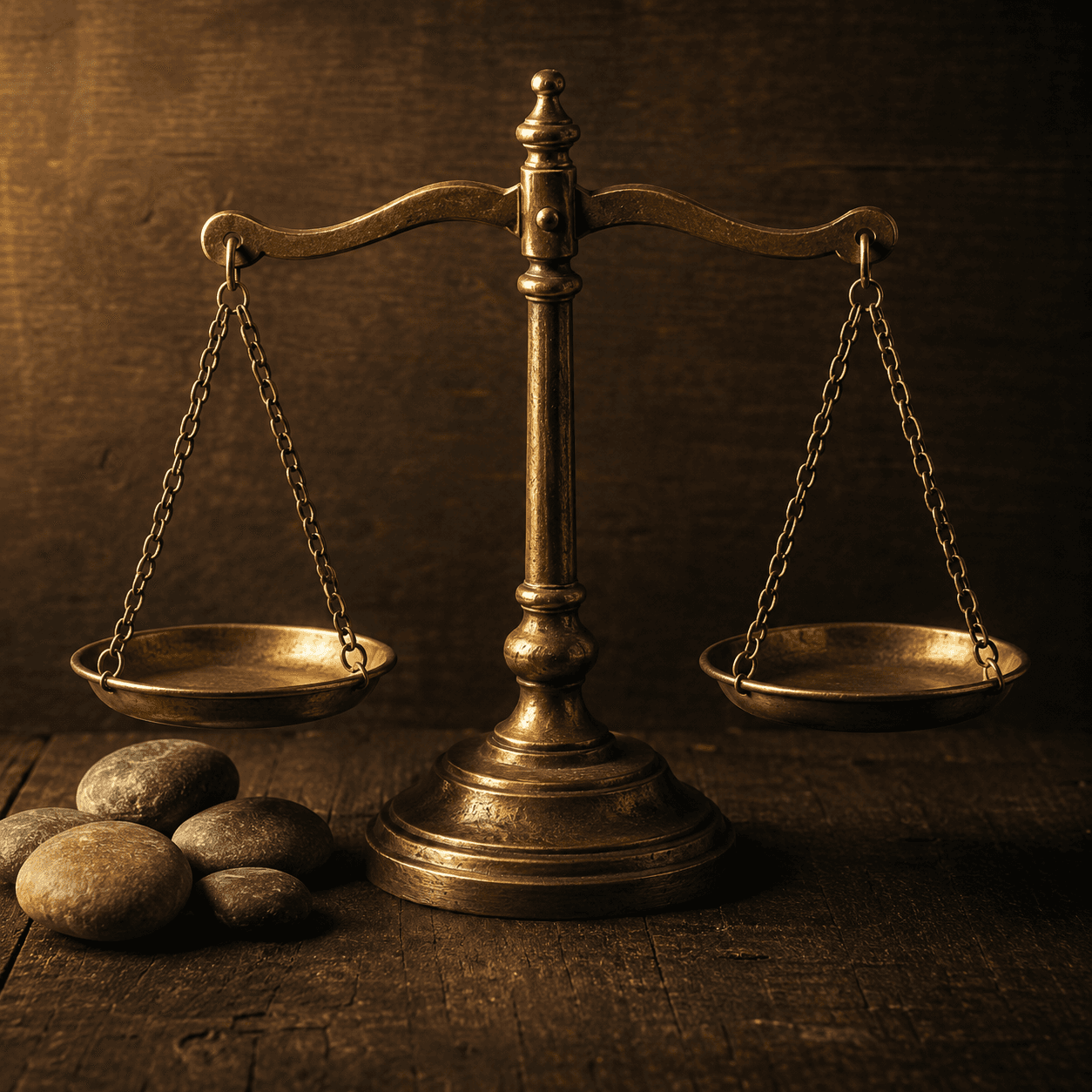 An antique brass balance scale on a dark wooden table with smooth stones beside it