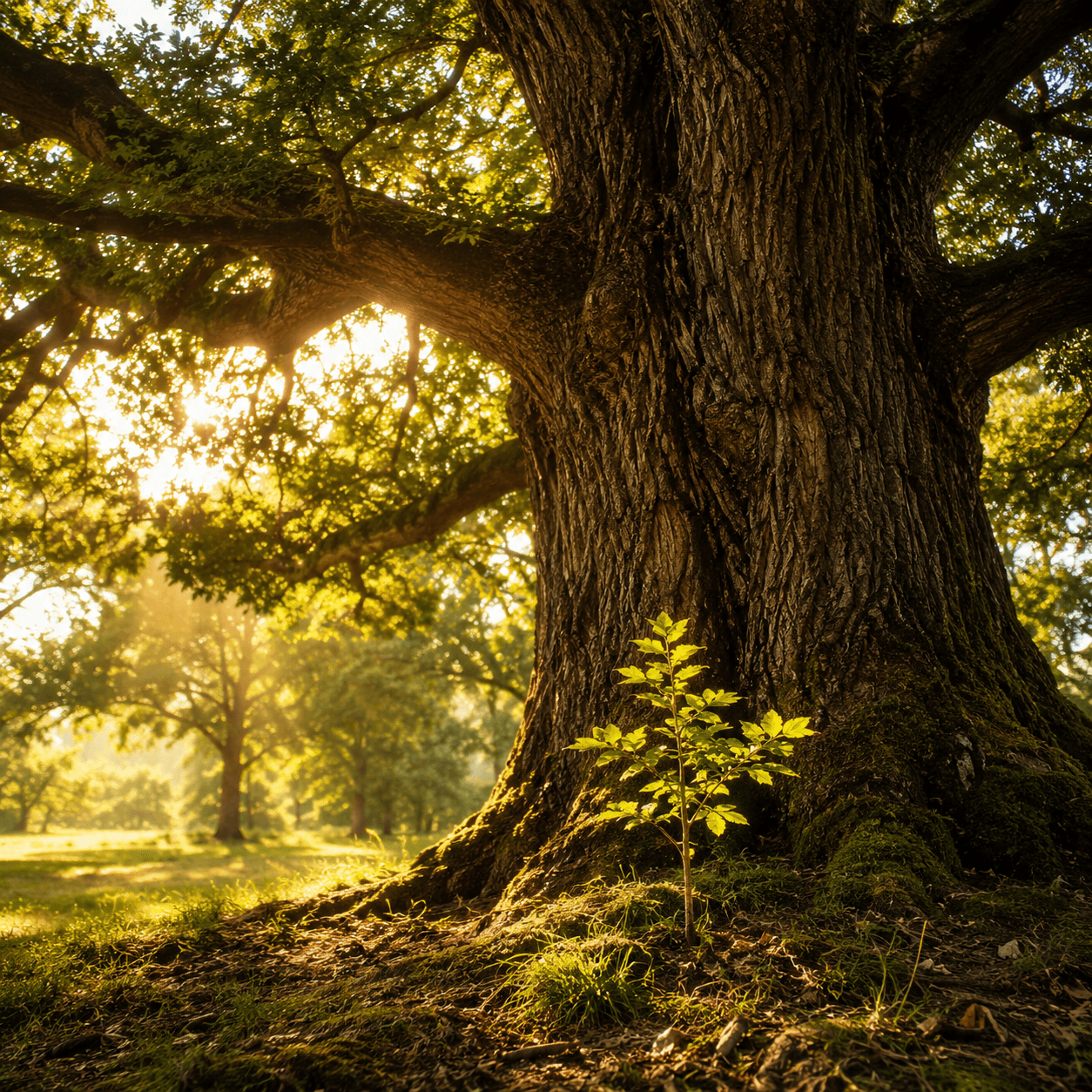 A great ancient oak with a young sapling of the same kind growing at its base in golden light