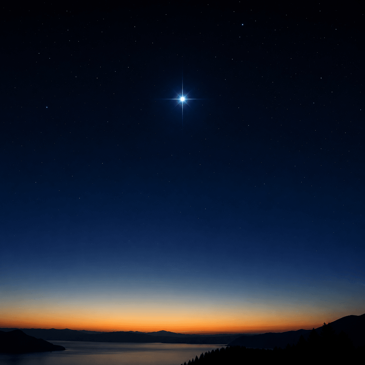 A single brilliant star low in a deep twilight sky over a calm horizon