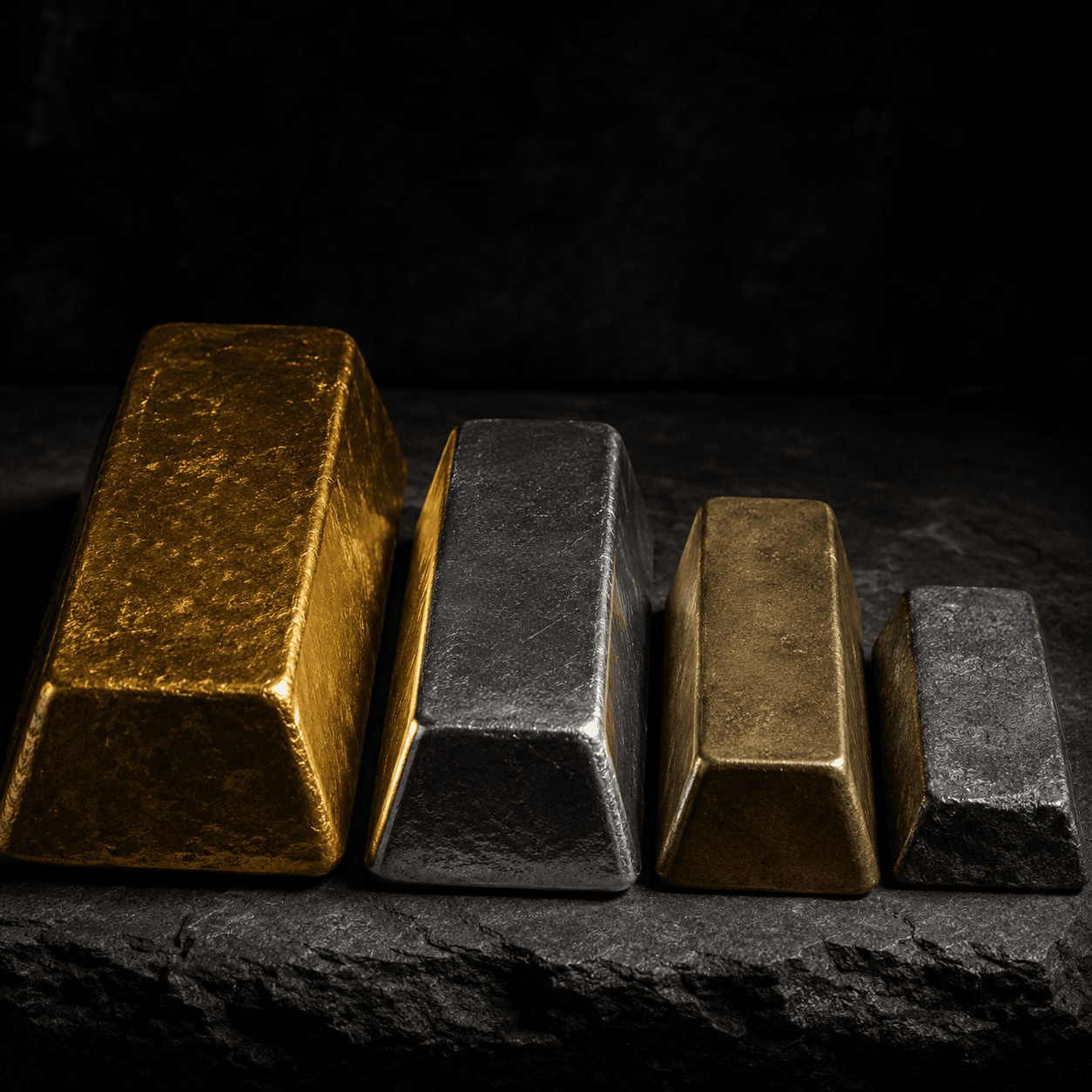 Four metal bars — gold, silver, brass, and iron — arranged in a descending row on dark stone