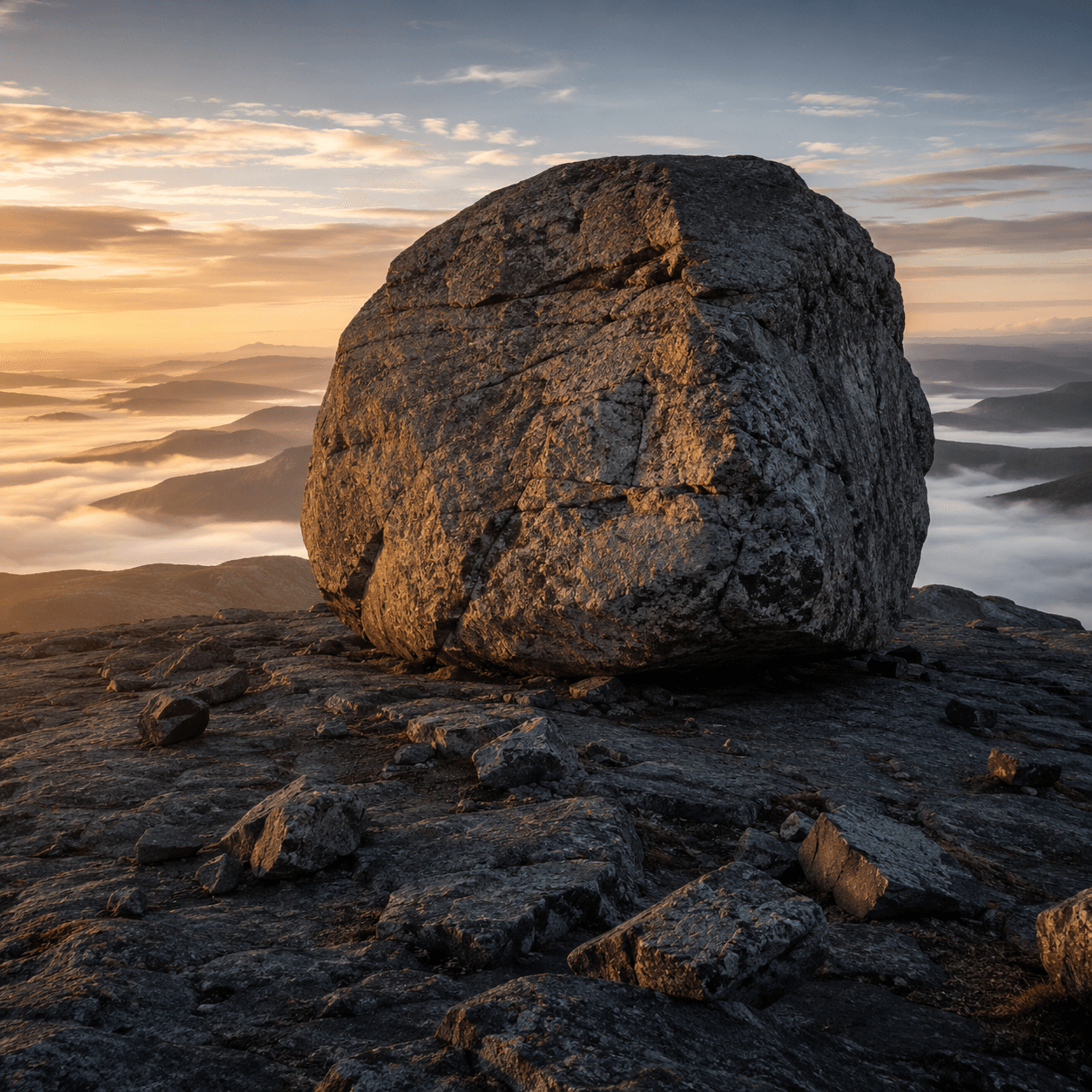 A massive rounded boulder resting on a mountain plateau at sunrise, mist filling the valley below