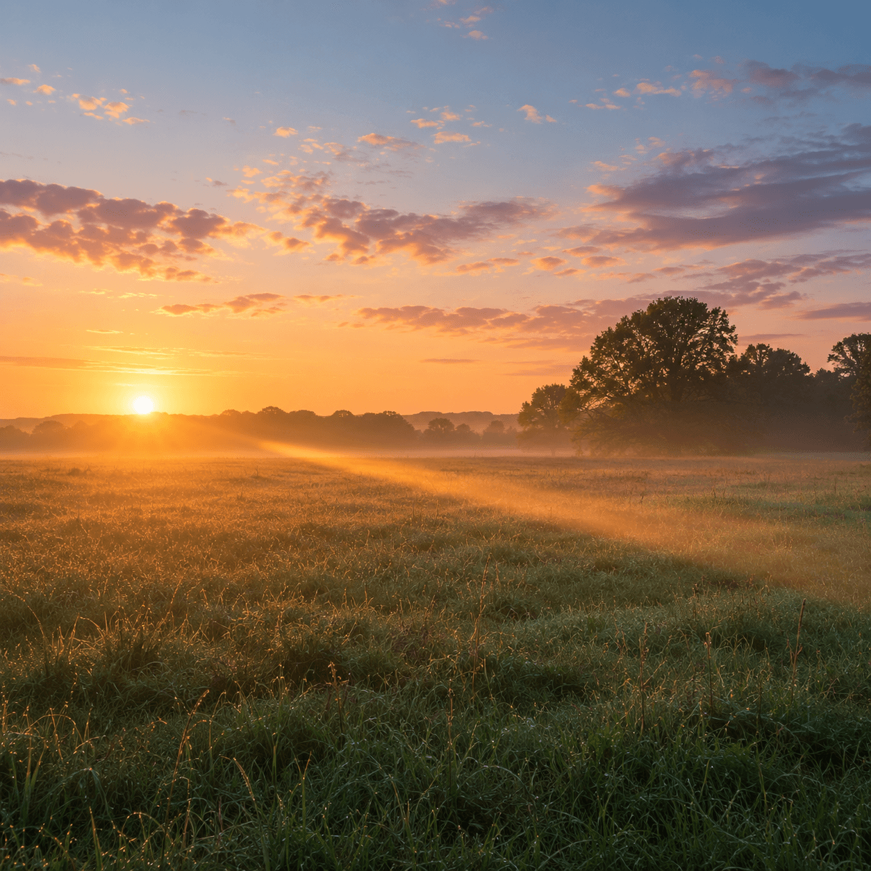 A misty meadow at sunrise with golden light streaming across the dewy grass