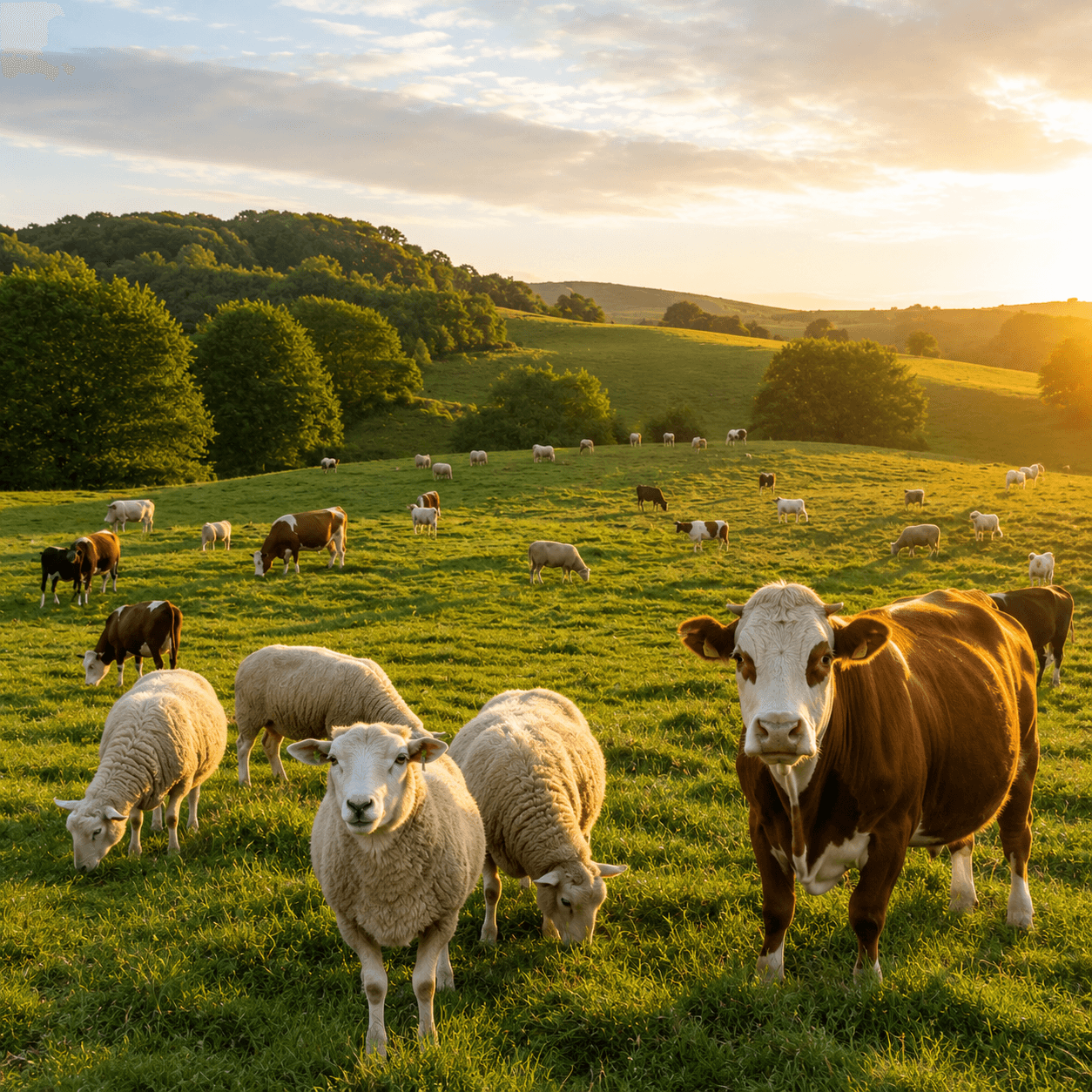Sheep and cattle grazing on a green hillside at golden hour