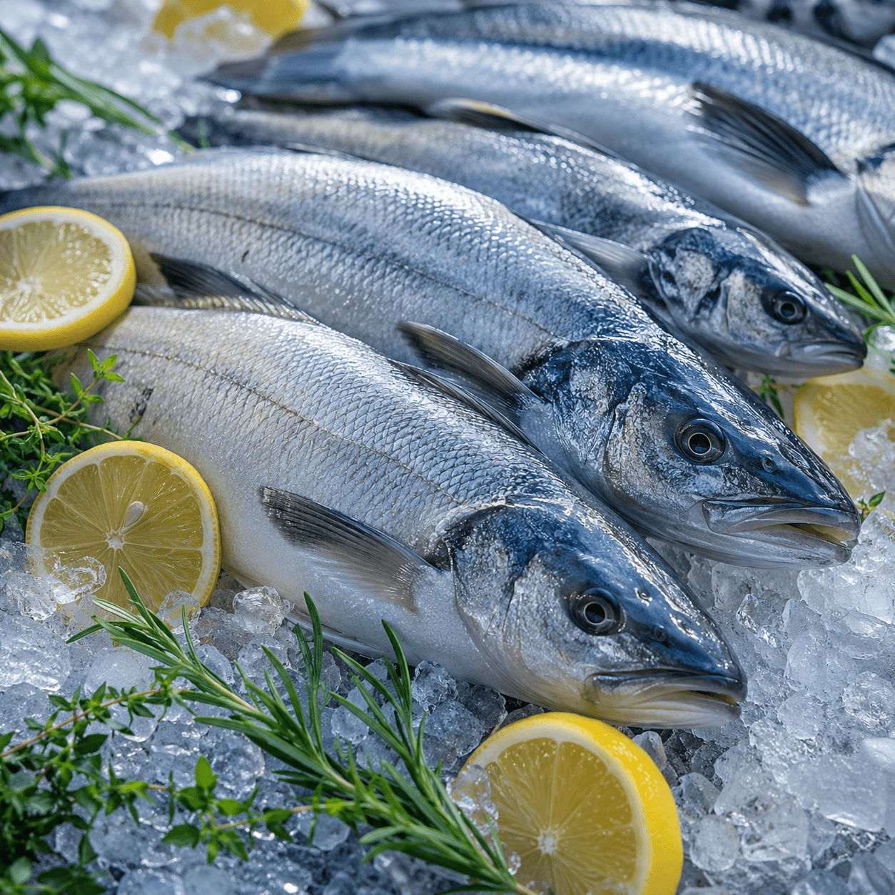 Fresh whole fish with clear fins and scales on ice with lemon slices and herbs