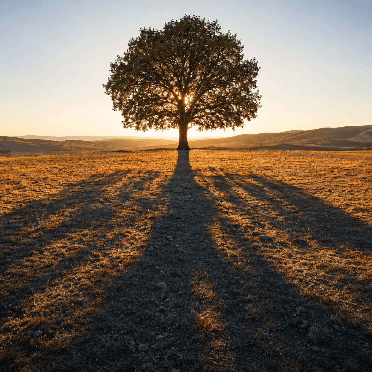 A lone tree at sunset casting long shadows across an open field