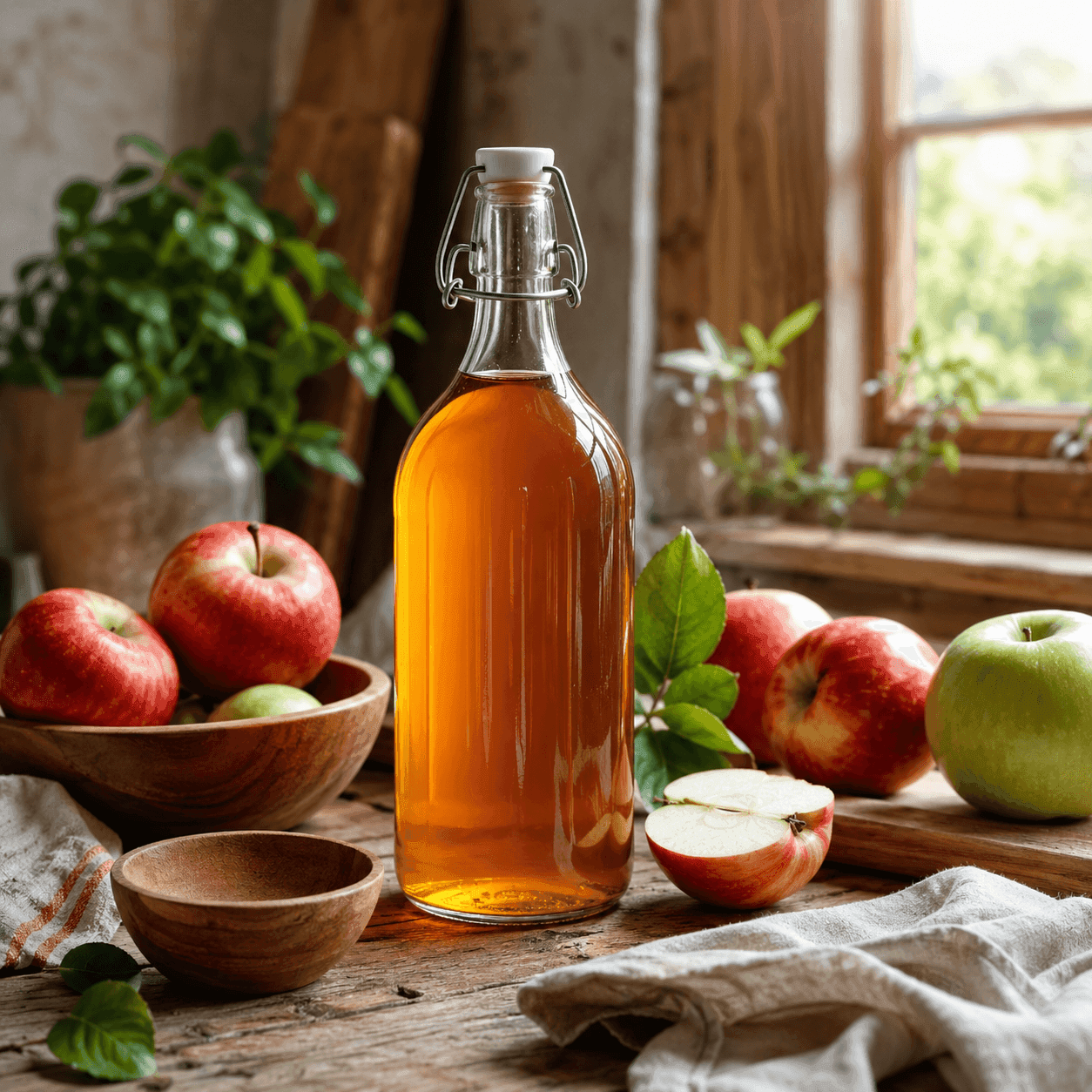 A swing-top glass bottle of golden apple cider vinegar on a rustic table with whole and halved apples
