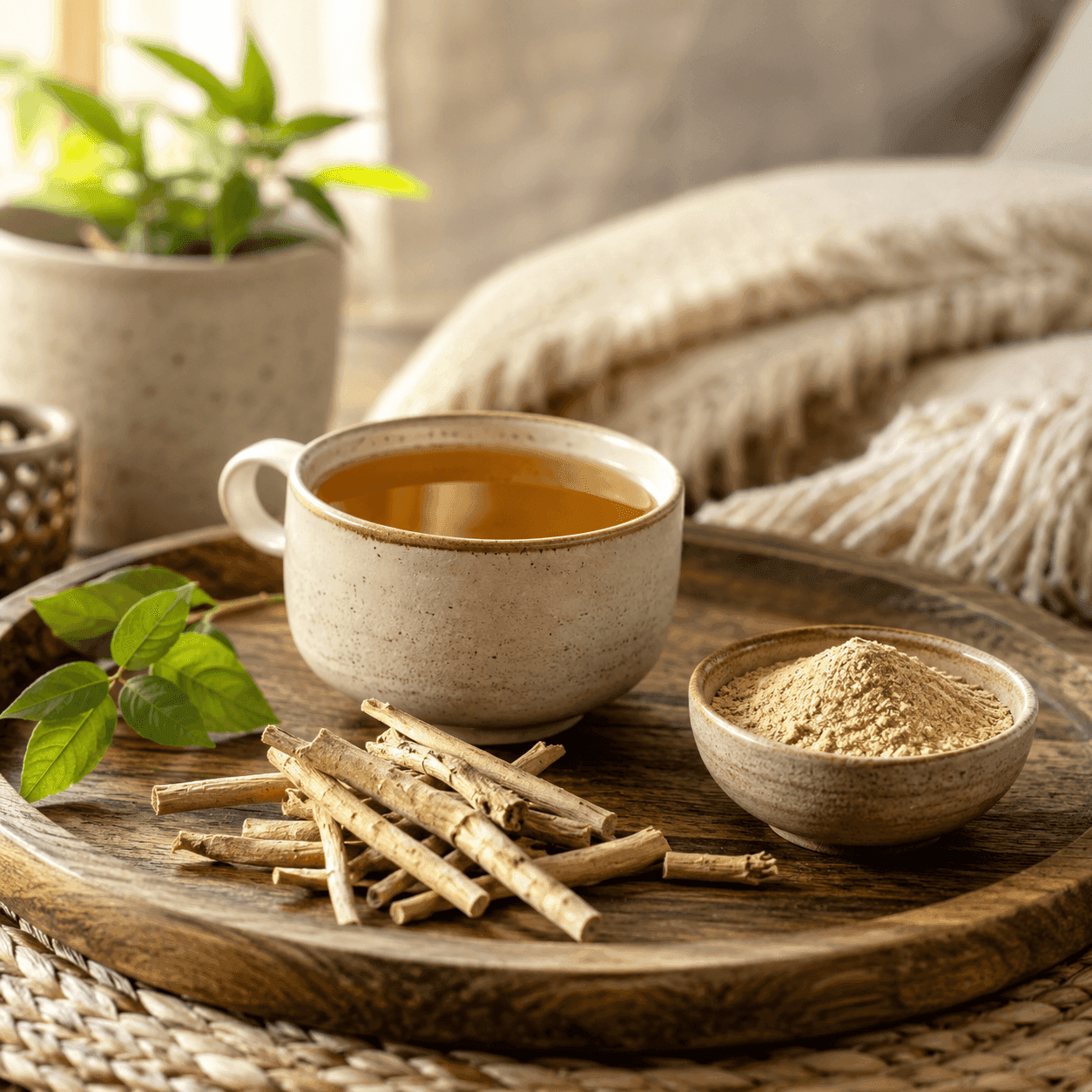 A cup of warm ashwagandha tea on a wooden tray beside dried ashwagandha roots and a small bowl of the powder