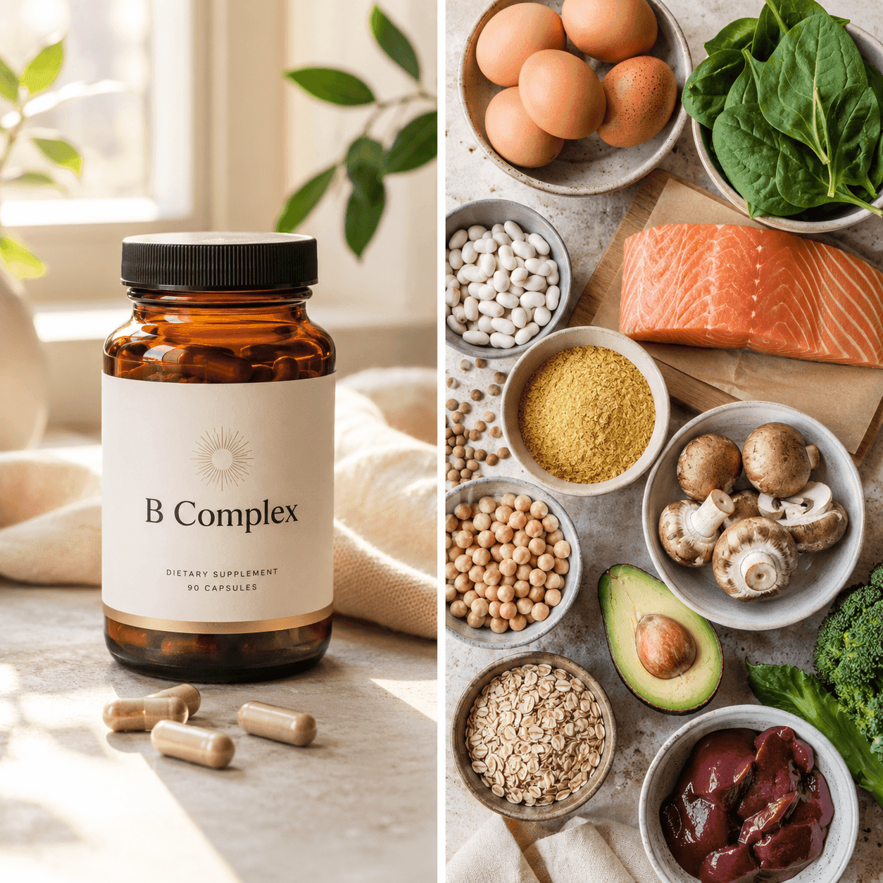A side-by-side of a B Complex supplement bottle with capsules and a spread of whole-food B-vitamin sources such as eggs, salmon, beans, mushrooms, and liver