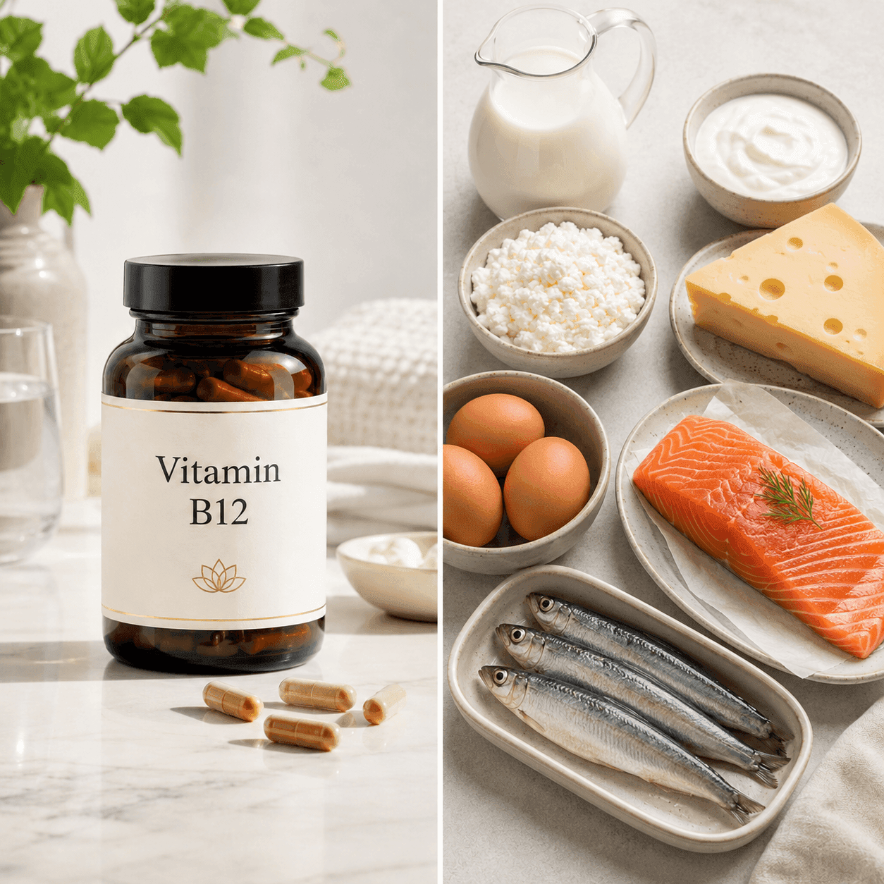 A side-by-side of a Vitamin B12 supplement bottle with capsules and animal-source B12 foods including milk, cheese, eggs, salmon, sardines, and cottage cheese