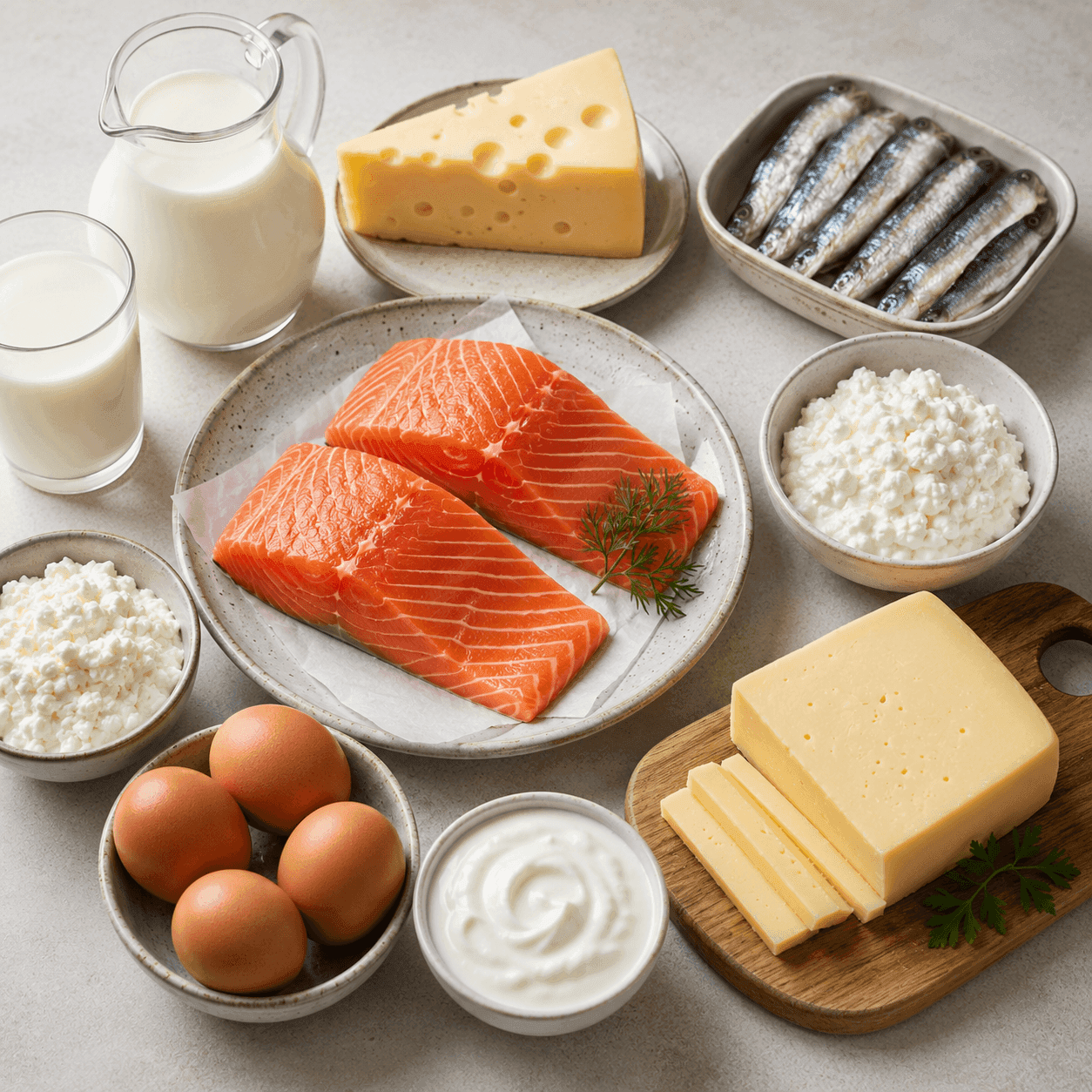 A spread of B12-rich animal foods including salmon, milk, cheese, eggs, sardines, cottage cheese, and yogurt