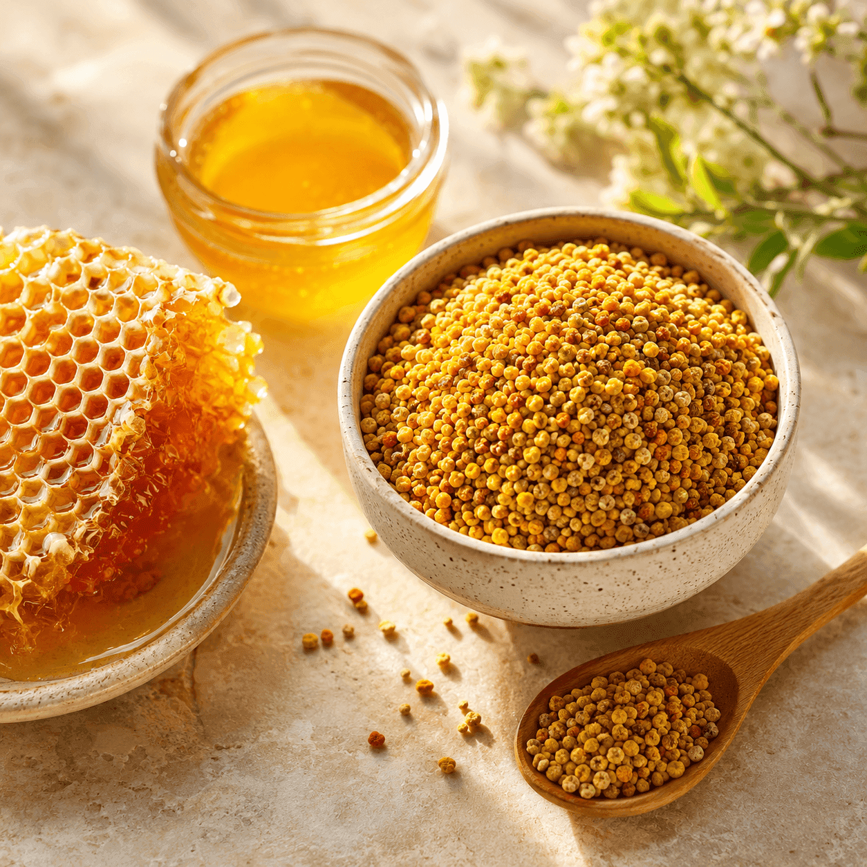 A bowl of multicolored bee pollen granules beside fresh honeycomb dripping with honey and a wooden spoon of pollen