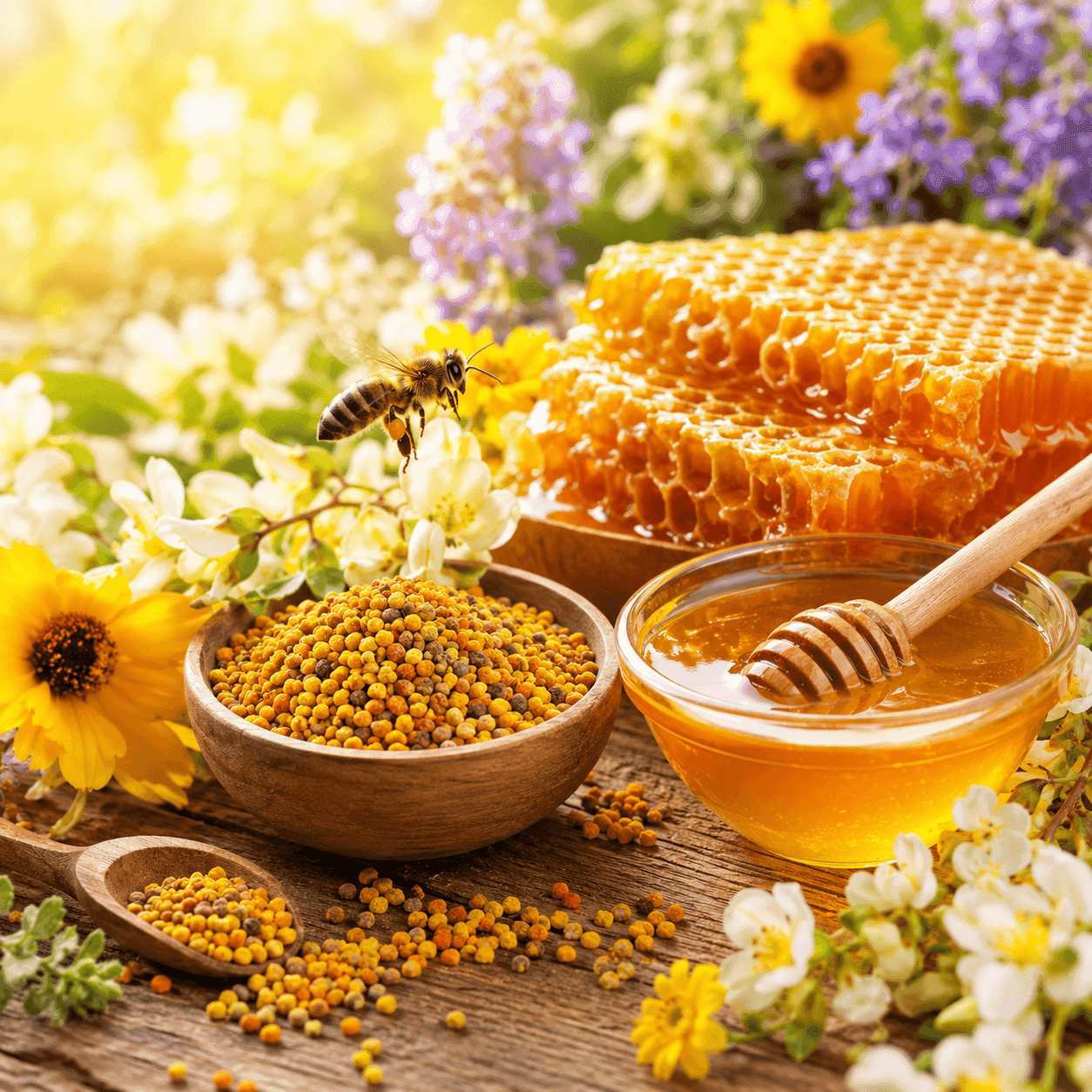 A bowl of bee pollen granules and a jar of honey with honeycomb, wildflowers, and a honeybee in sunlit outdoor light