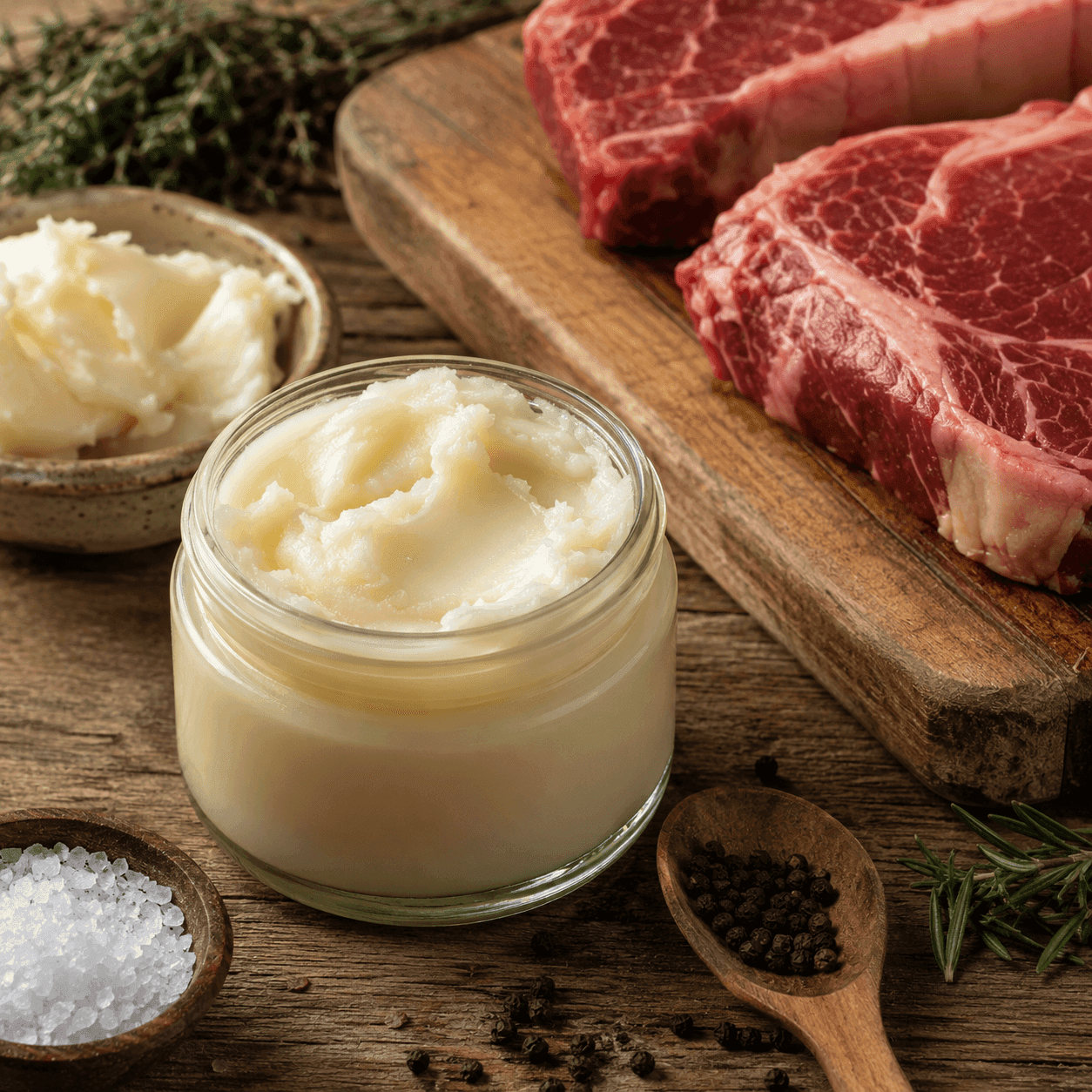 An open glass jar of beef tallow beside raw marbled steaks on a cutting board, with a dish of tallow, sea salt, and peppercorns