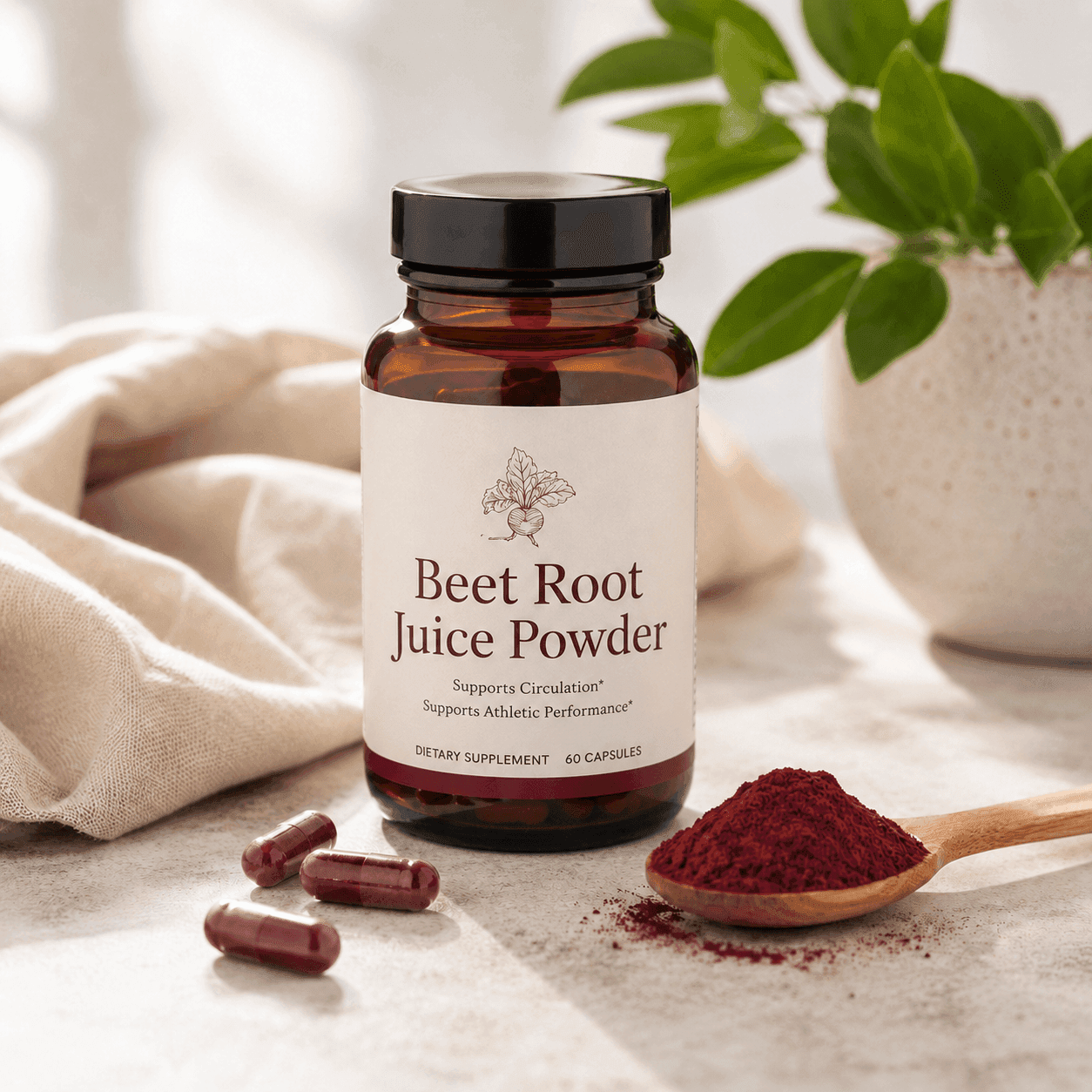 An amber bottle of Beet Root Juice Powder supplement capsules beside a wooden spoon of deep-red beet powder