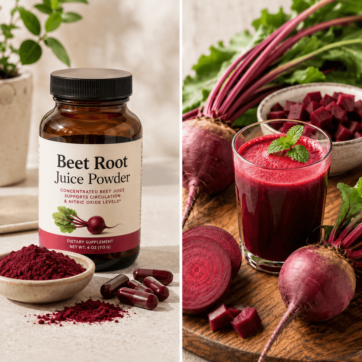 A split image of a Beet Root Juice Powder bottle with red powder and capsules on the left, and a glass of beet juice with whole and cubed beets on the right