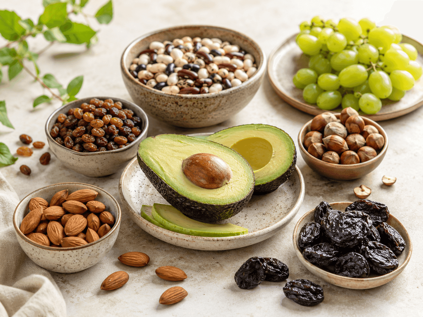 A spread of boron-rich foods in bowls — mixed beans, raisins, hazelnuts, almonds, prunes, green grapes, and a halved avocado