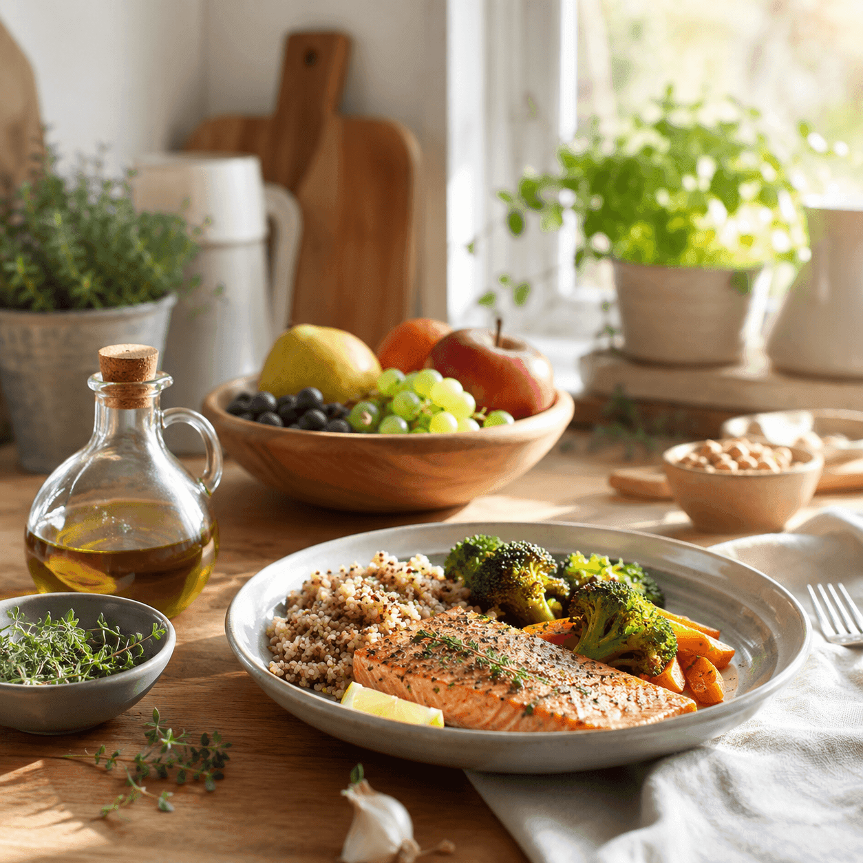 A plated meal of seasoned salmon with quinoa and roasted broccoli and carrots, beside a bowl of fruit and a bottle of olive oil