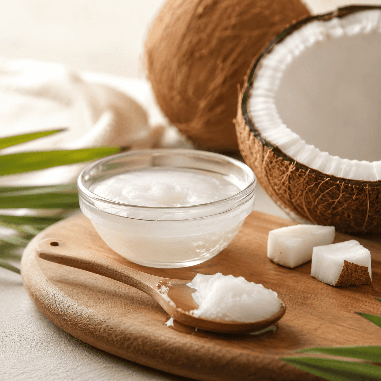 A glass bowl of solid white coconut oil and a wooden spoonful beside a whole and split coconut on a wood board