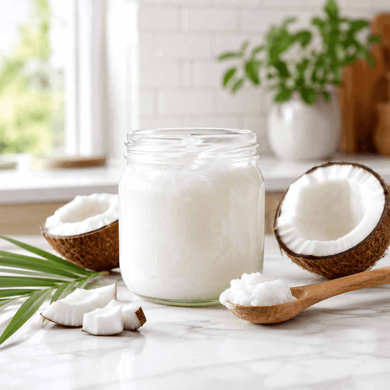 A glass jar of solid white coconut oil with coconut pieces and a wooden spoon on a marble kitchen counter