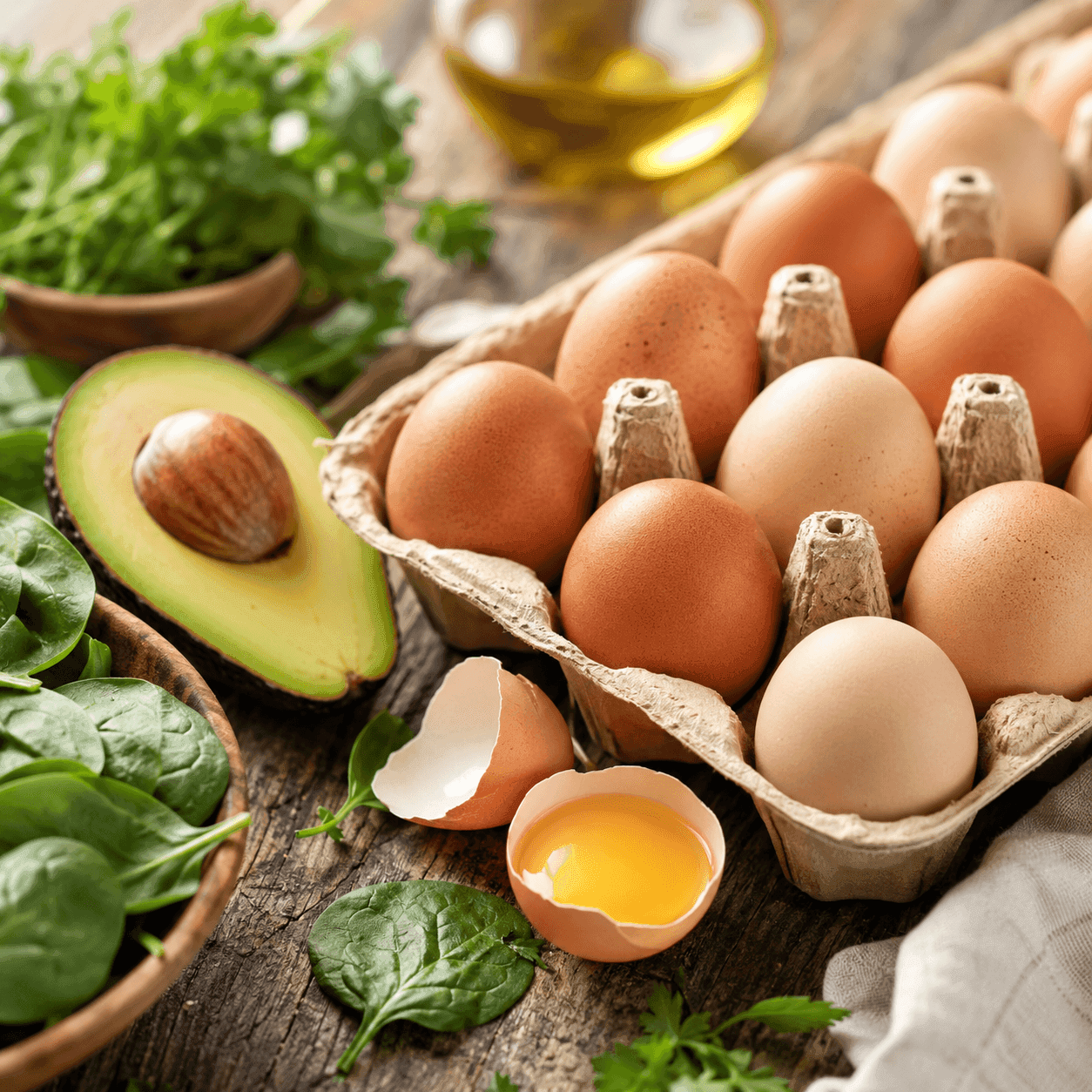 Brown eggs in a carton with a cracked egg yolk, alongside avocado and fresh spinach on a wood table