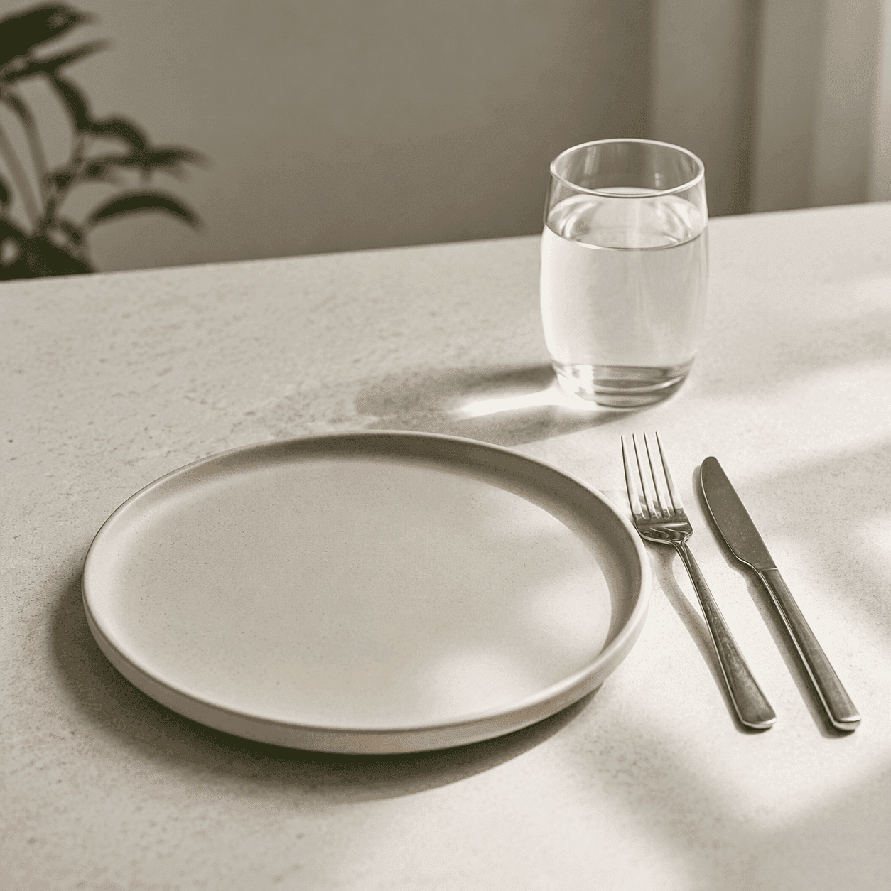 An empty ceramic plate with fork and knife and a glass of water on a pale table