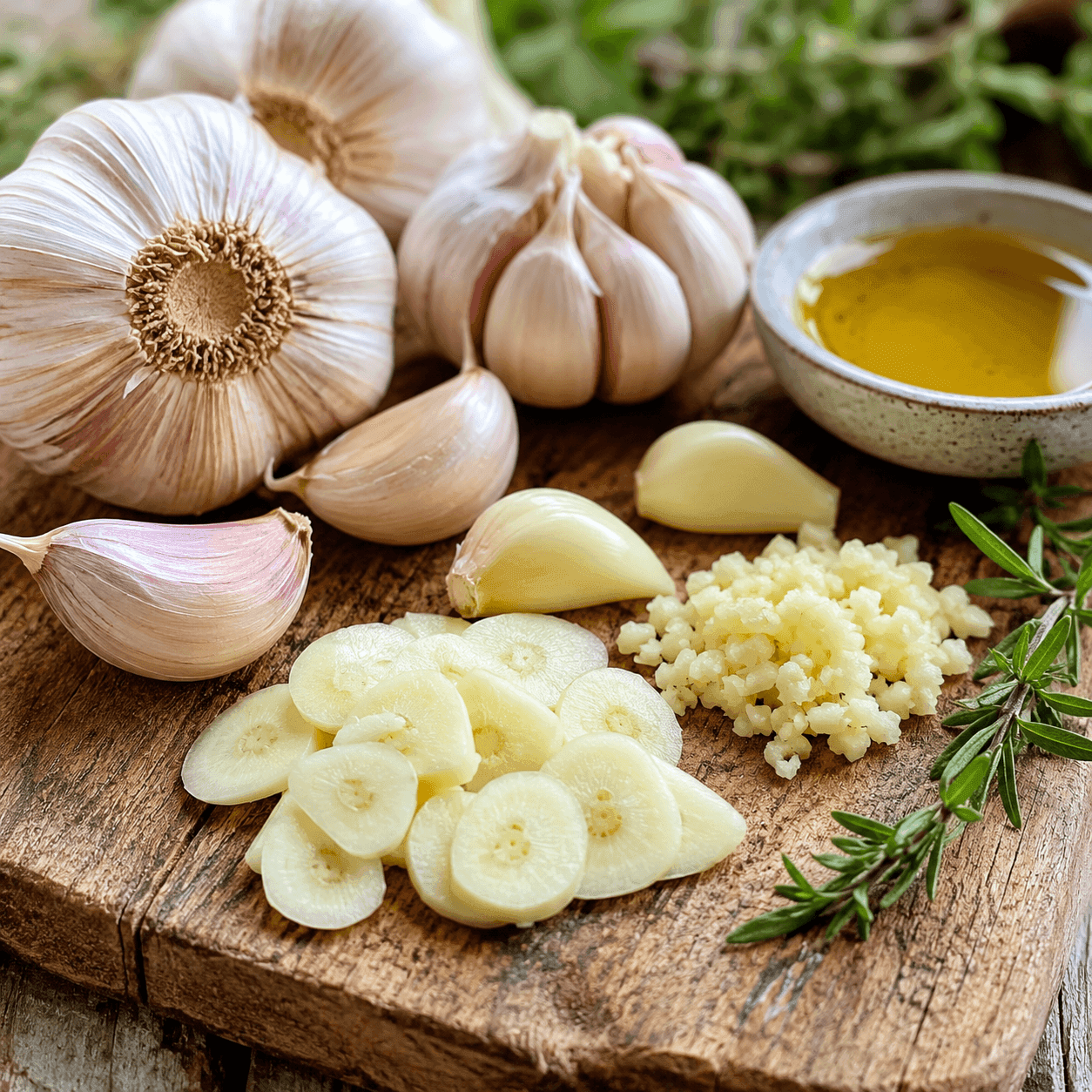 Whole garlic bulbs, cloves, sliced and minced garlic, and a bowl of oil on a wooden board with rosemary