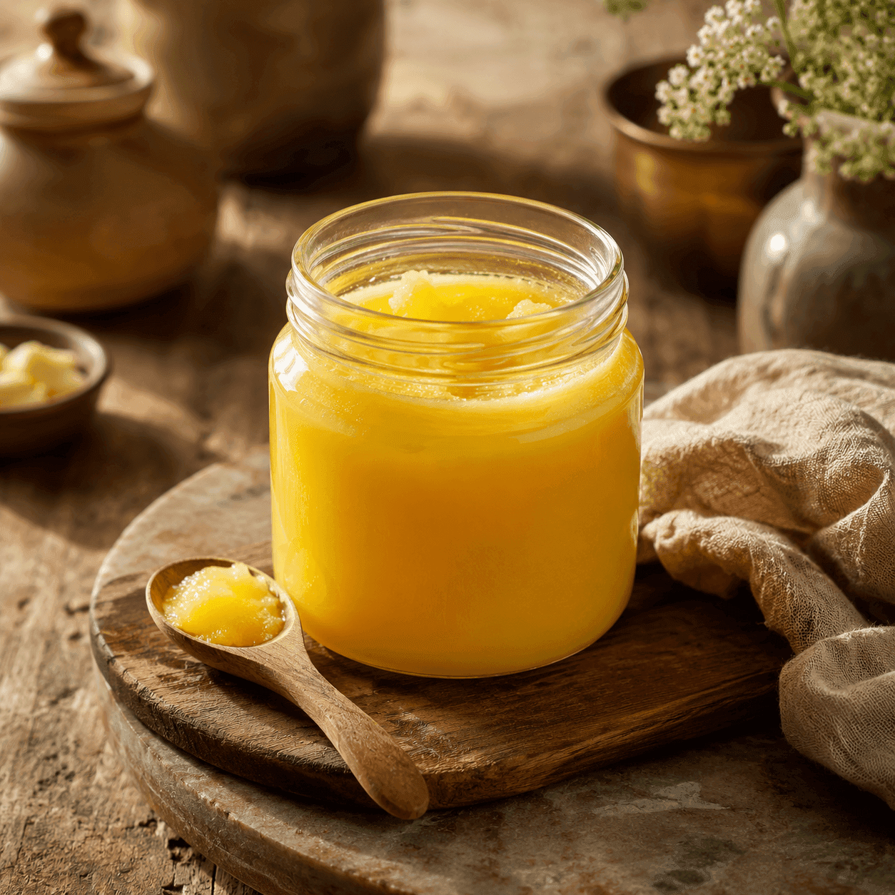 A glass jar of golden ghee with a wooden spoonful beside it on a wood board