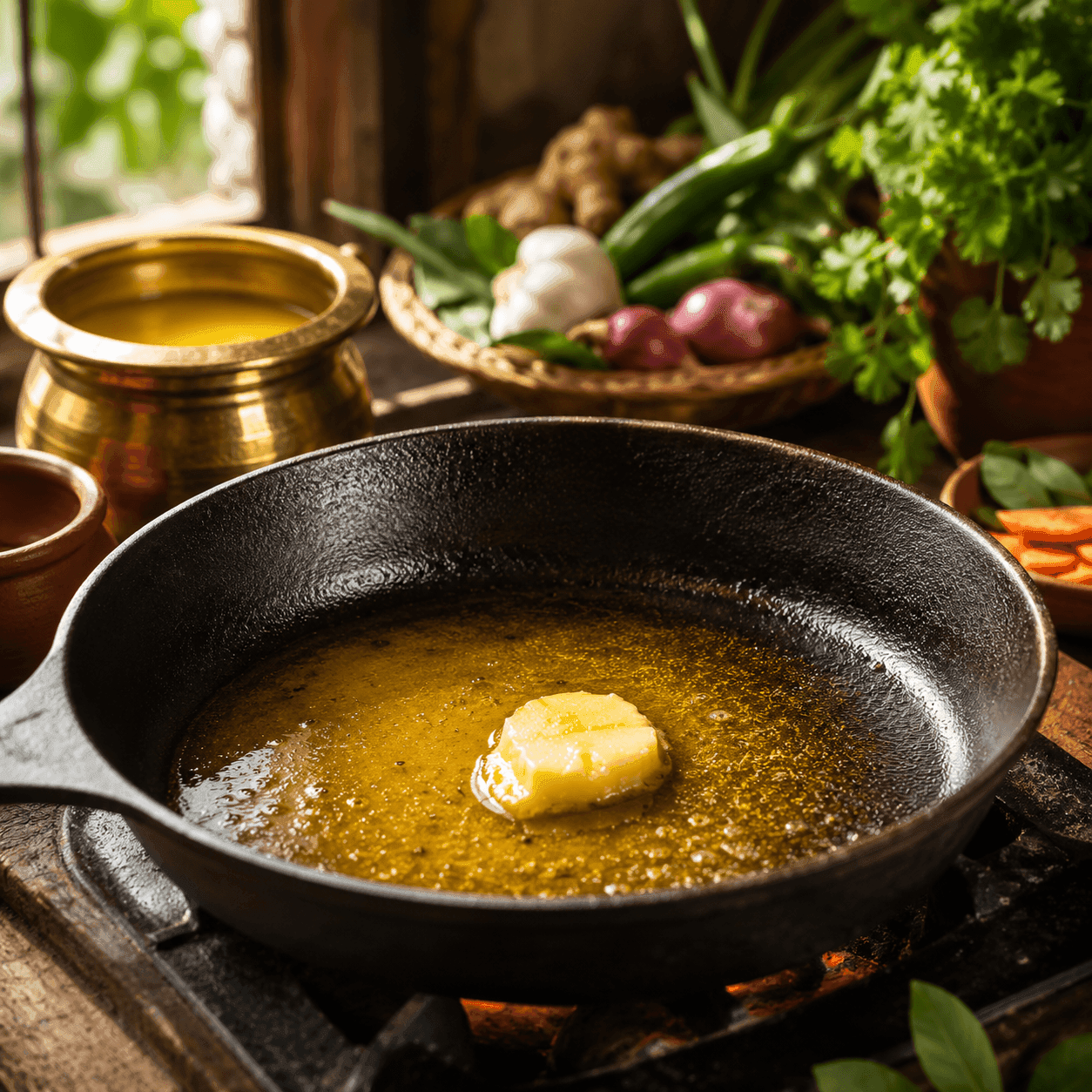 Ghee melting and bubbling in a cast-iron pan beside fresh vegetables and herbs