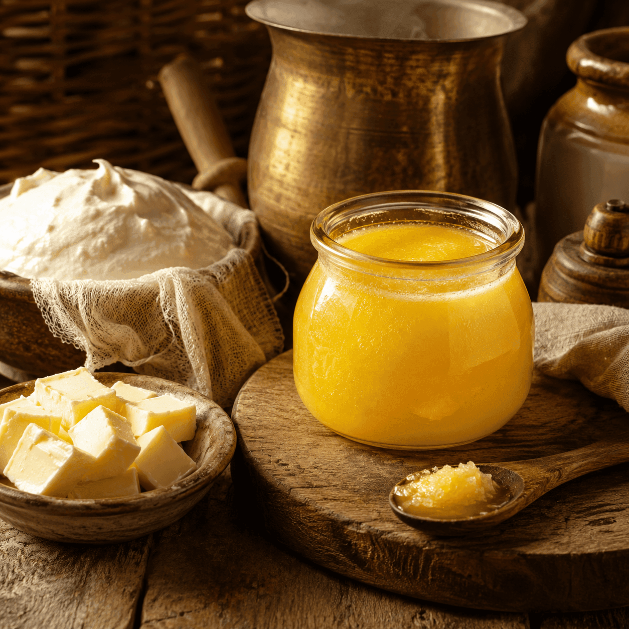 A jar of golden ghee on a board beside a bowl of cubed butter and a bowl of cream