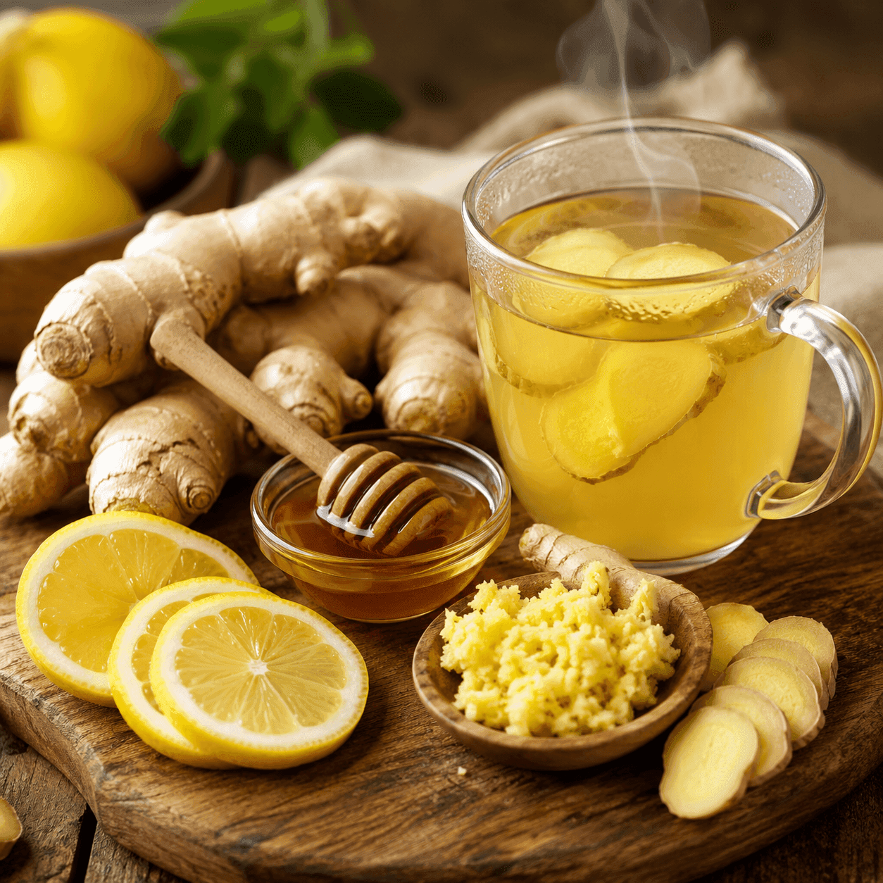 A steaming glass mug of ginger tea with lemon slices, honey, and grated fresh ginger
