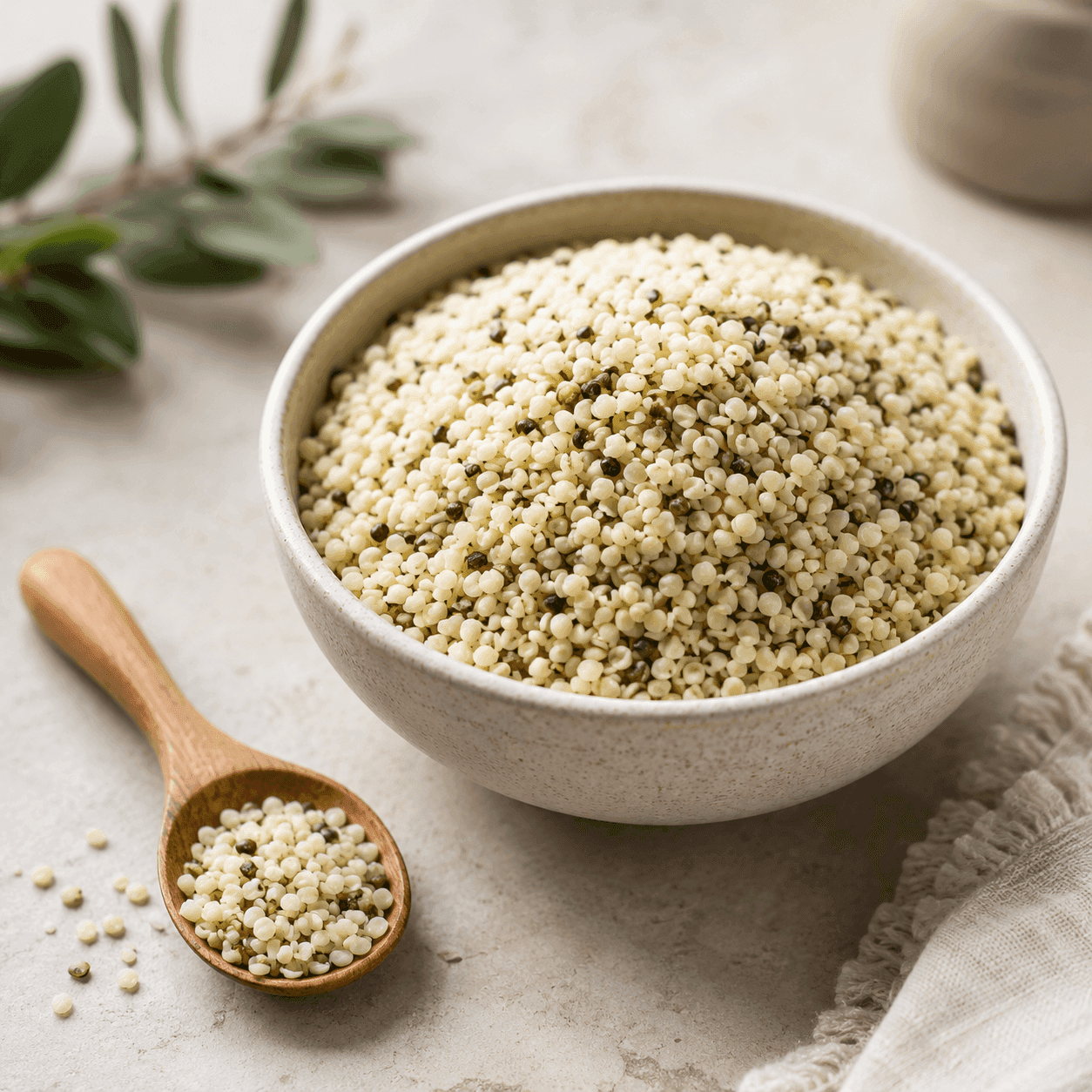 A bowl of raw hemp hearts with a small wooden spoonful beside it
