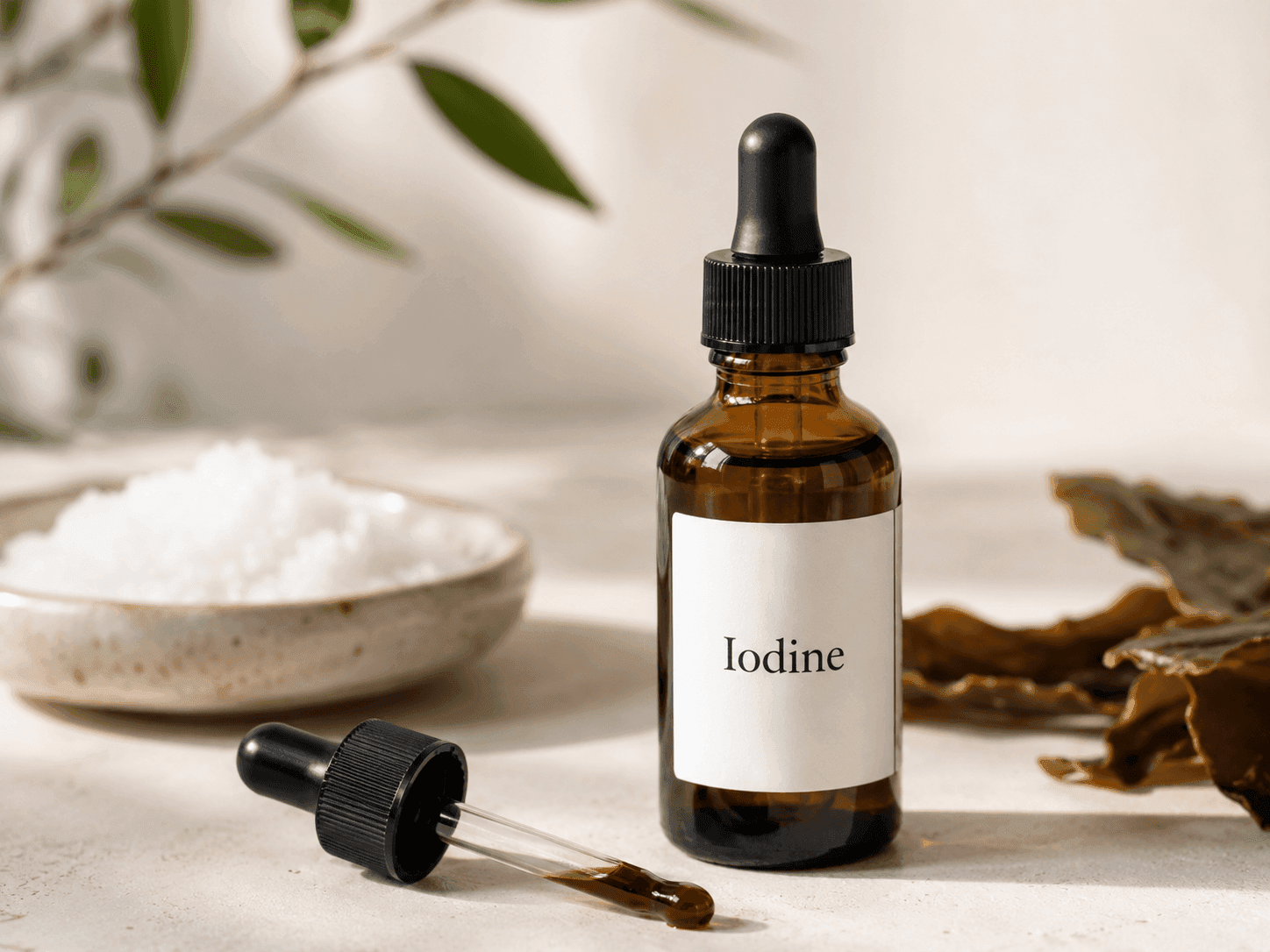 An amber dropper bottle labeled Iodine beside a dish of salt and dried kelp
